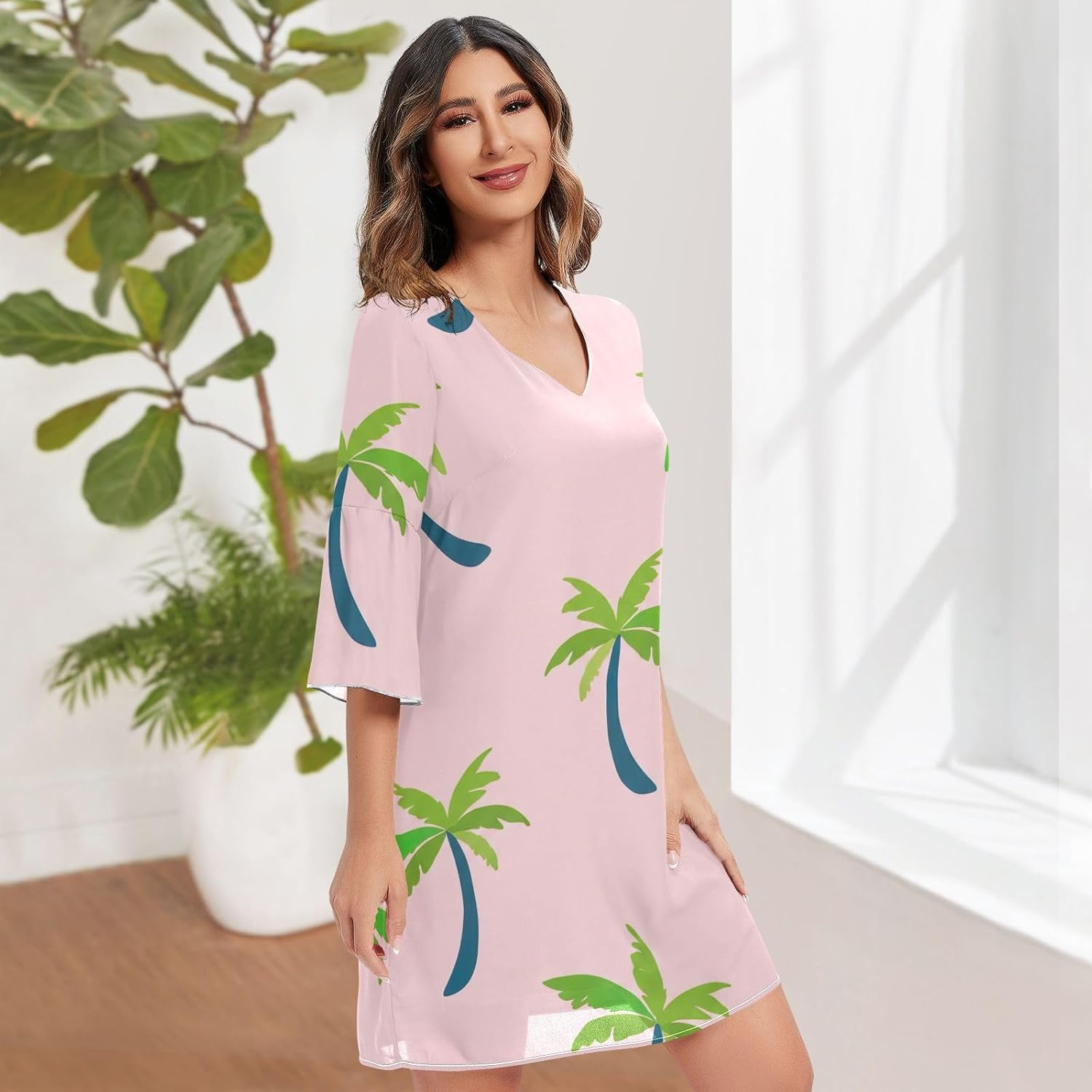 Cartoon Palm Trees Pink Short Dress Printed Maternity Dress Party S-XXL image number 5