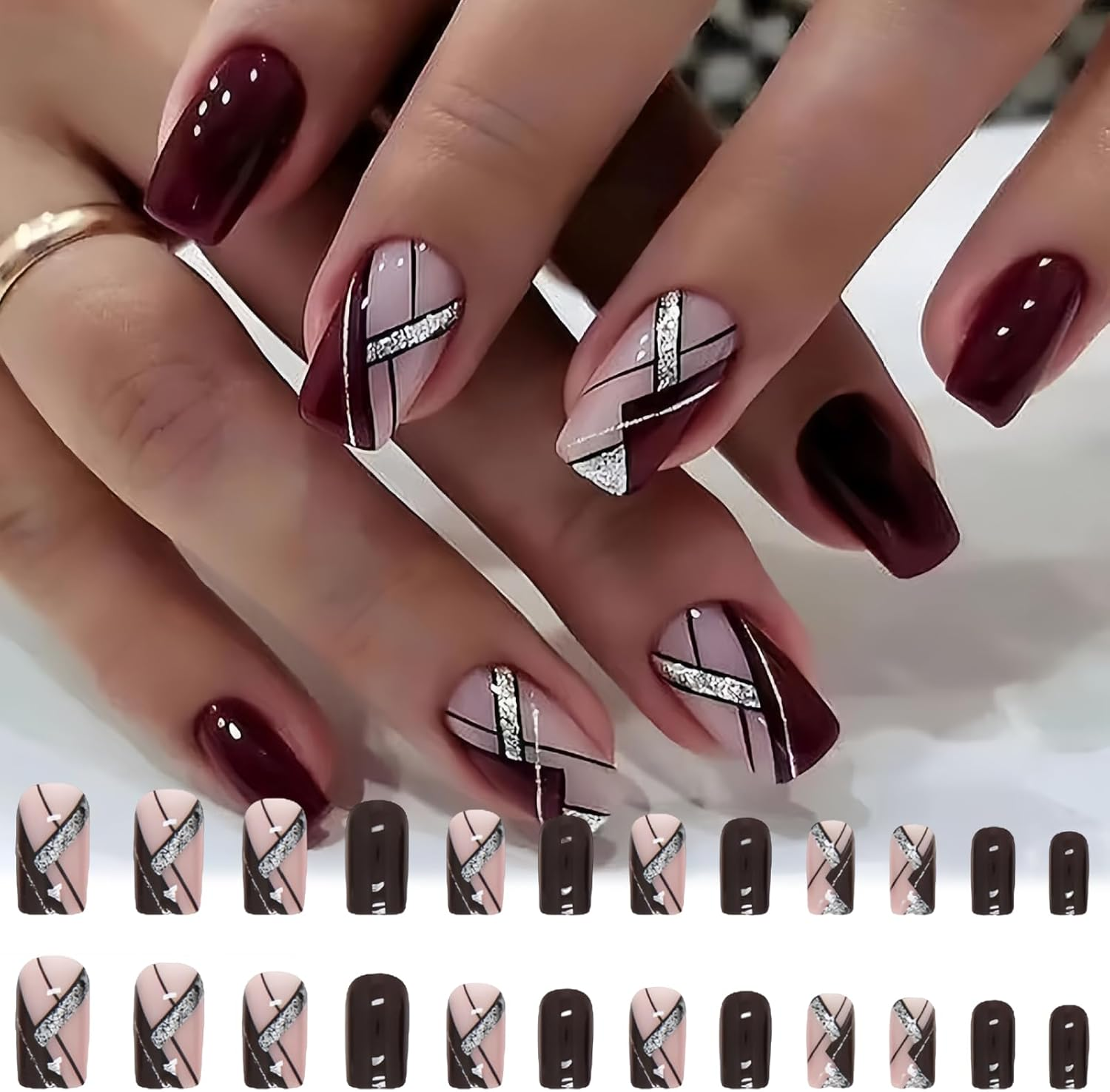 Whaleo 24 Pieces False Nails with Glue Stickers Press on Nails Press on Gel False Nails Gel False Nails Adhesive False Nails for Women Girls - Dark Red Lines