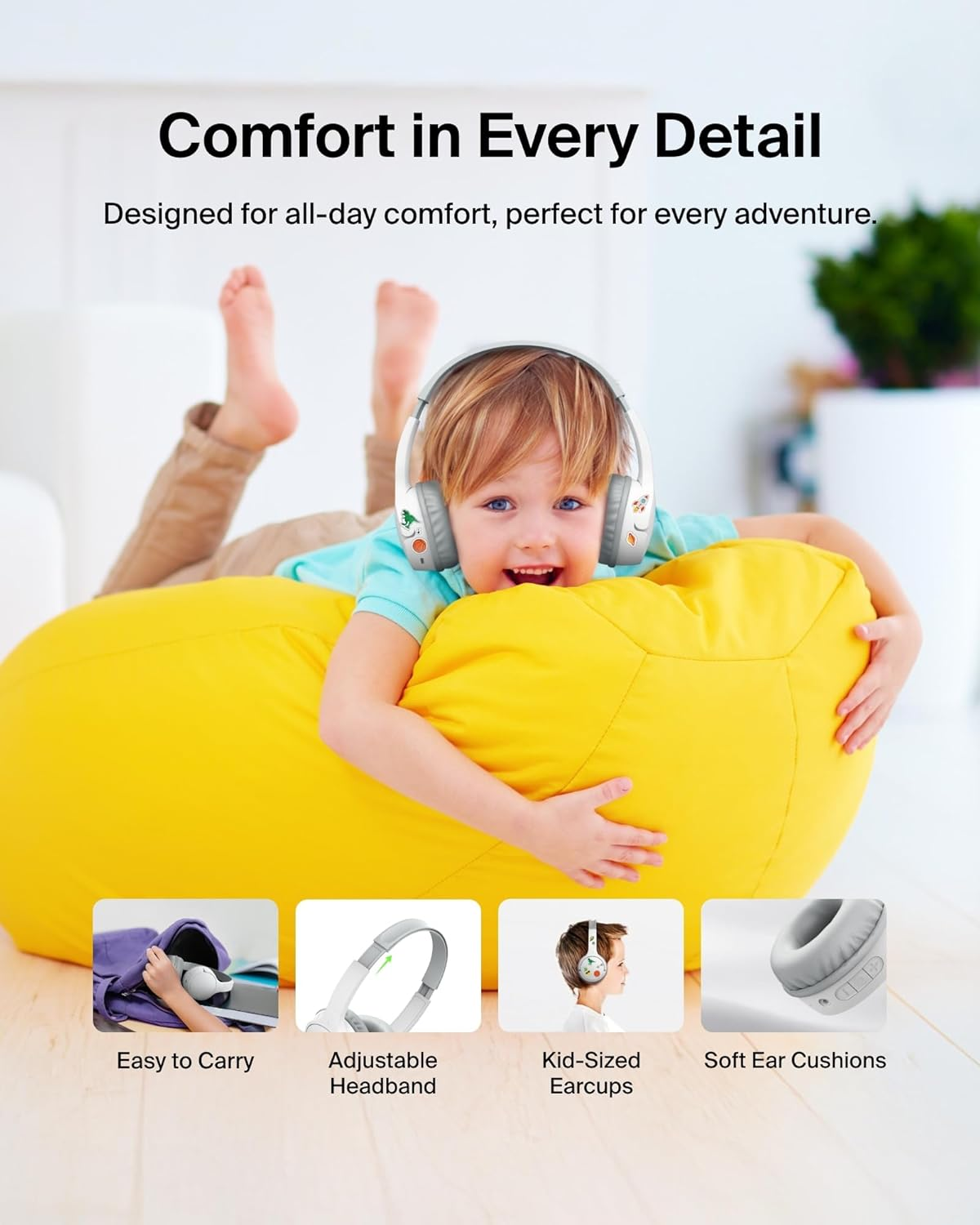 Belkin Soundform Mini - Wireless Bluetooth Kids Headphones, 30H Battery, 85Db Safe Volume Limit, Built-In Microphone - Toddler On-Ear Earphones for Iphone, Ipad, Fire Tablet, Ideal for School - White image number 1