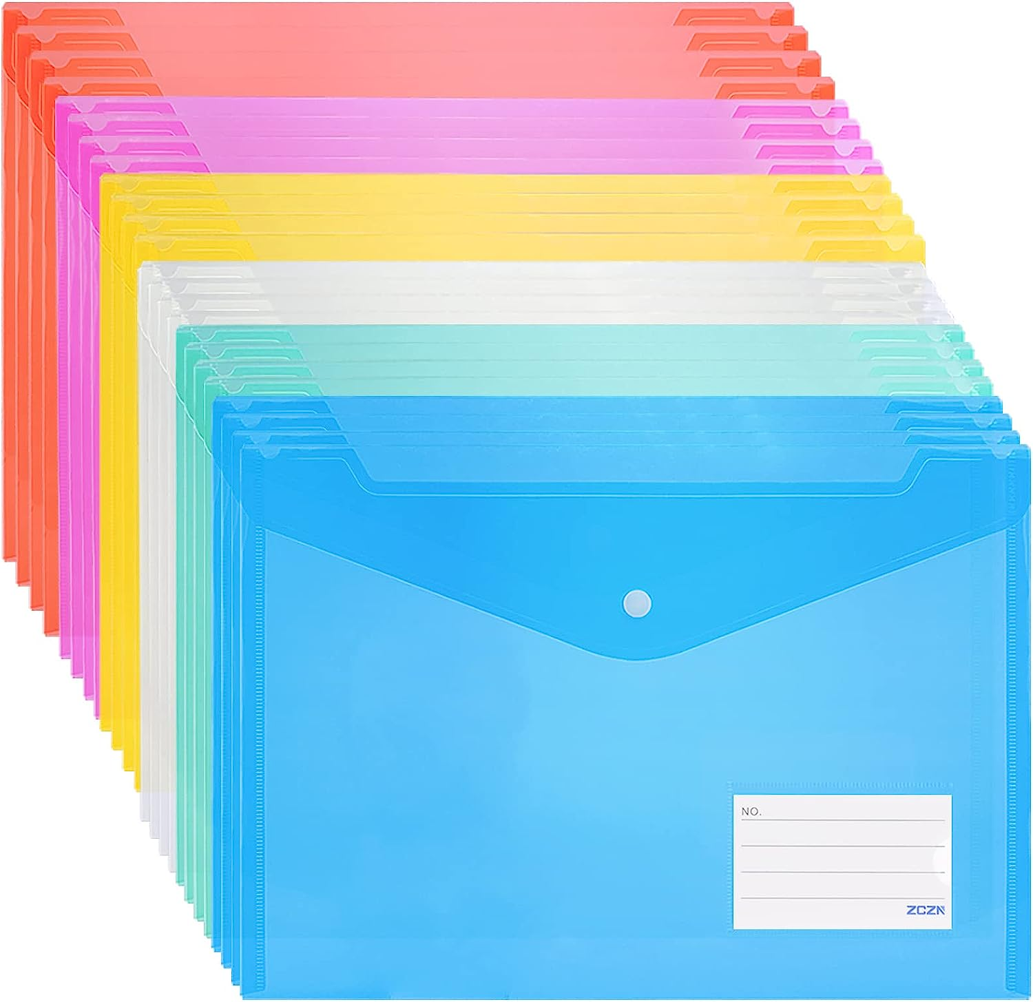 ZCZN 24 Pack Plastic File Folder Envelopes with Label Pocket, 6 Transparent Assorted Colours Document Folders