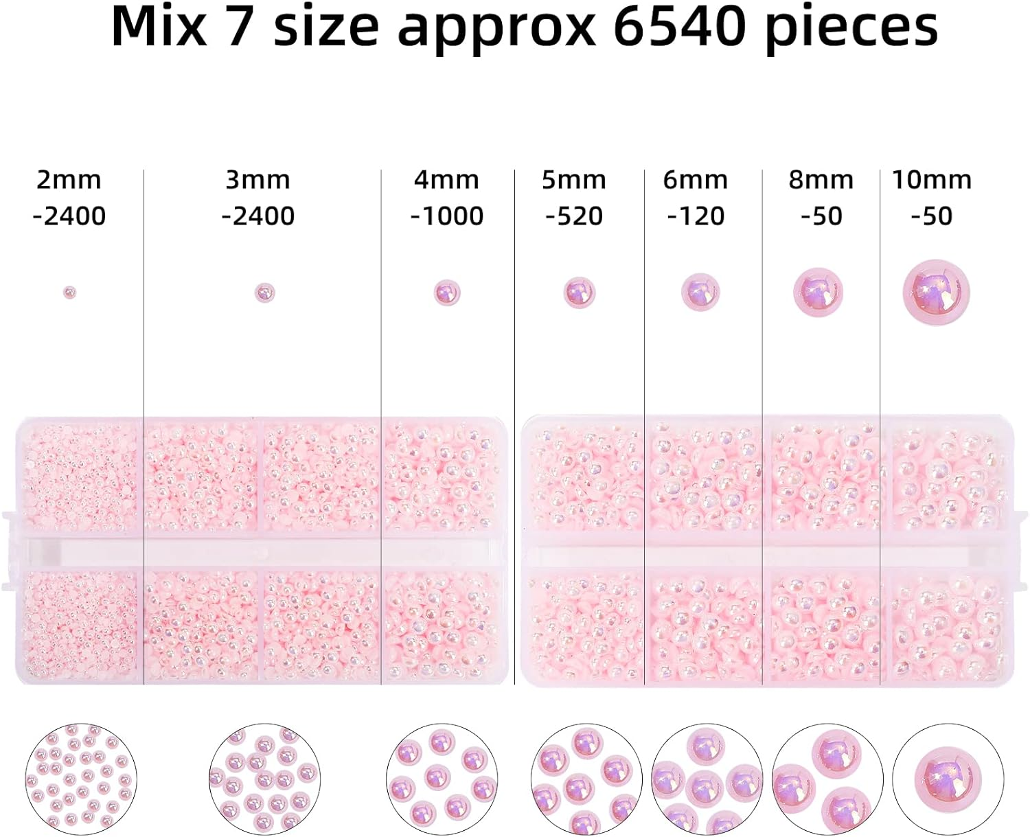 6540PCS Light Pink AB Resin Flat Back Pearls Rhinestones,Mixed Size 2/3/4/5/6/8/10Mm Half round Pearl Beads Nail Gems Rhinestone with Tweezers and Picker Pencil for Crafts Nail DIY Decoration