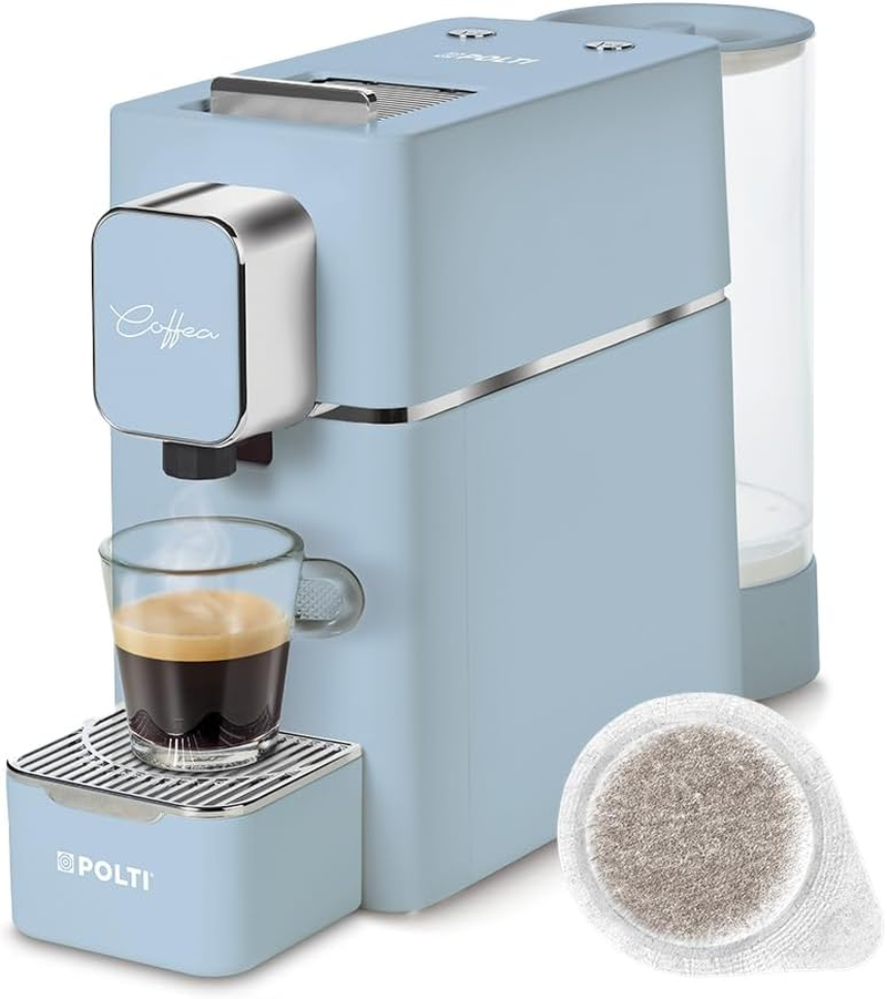Polti Coffea S15LB, Espresso Coffee Machine, Compatible with E.S.E. 44 Mm Pods, 0.85 L Tank, Pump Pressure 19 Bars, Light Blue