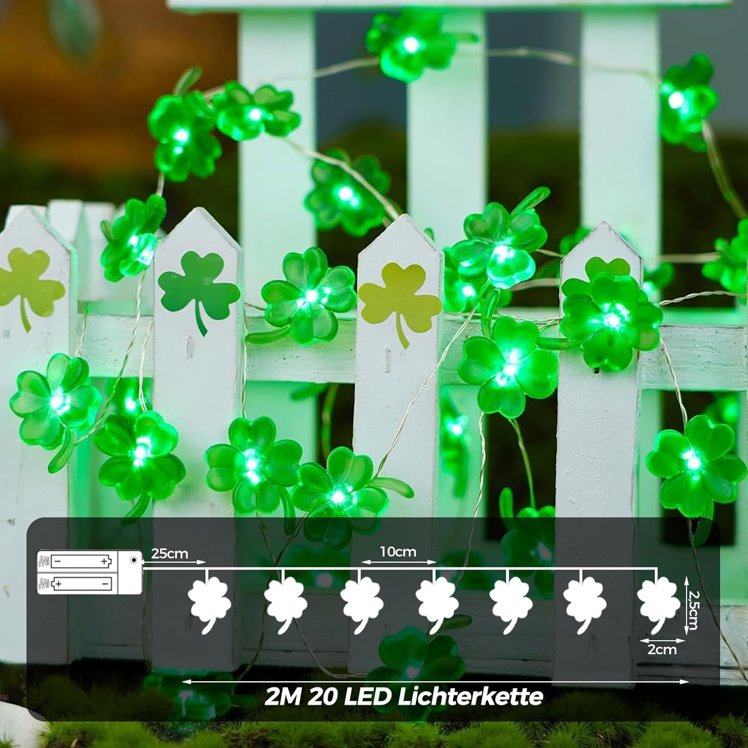 Alegre Clover Leaf Fairy Lights, Green, 2 M, 20 LED Clover Leaf Wire, Green Fairy Lights, Battery Operated, Green Fairy Lights, Indoor Decorative Fairy Lights for St. Patrick'S Day, Wedding, Bedroom