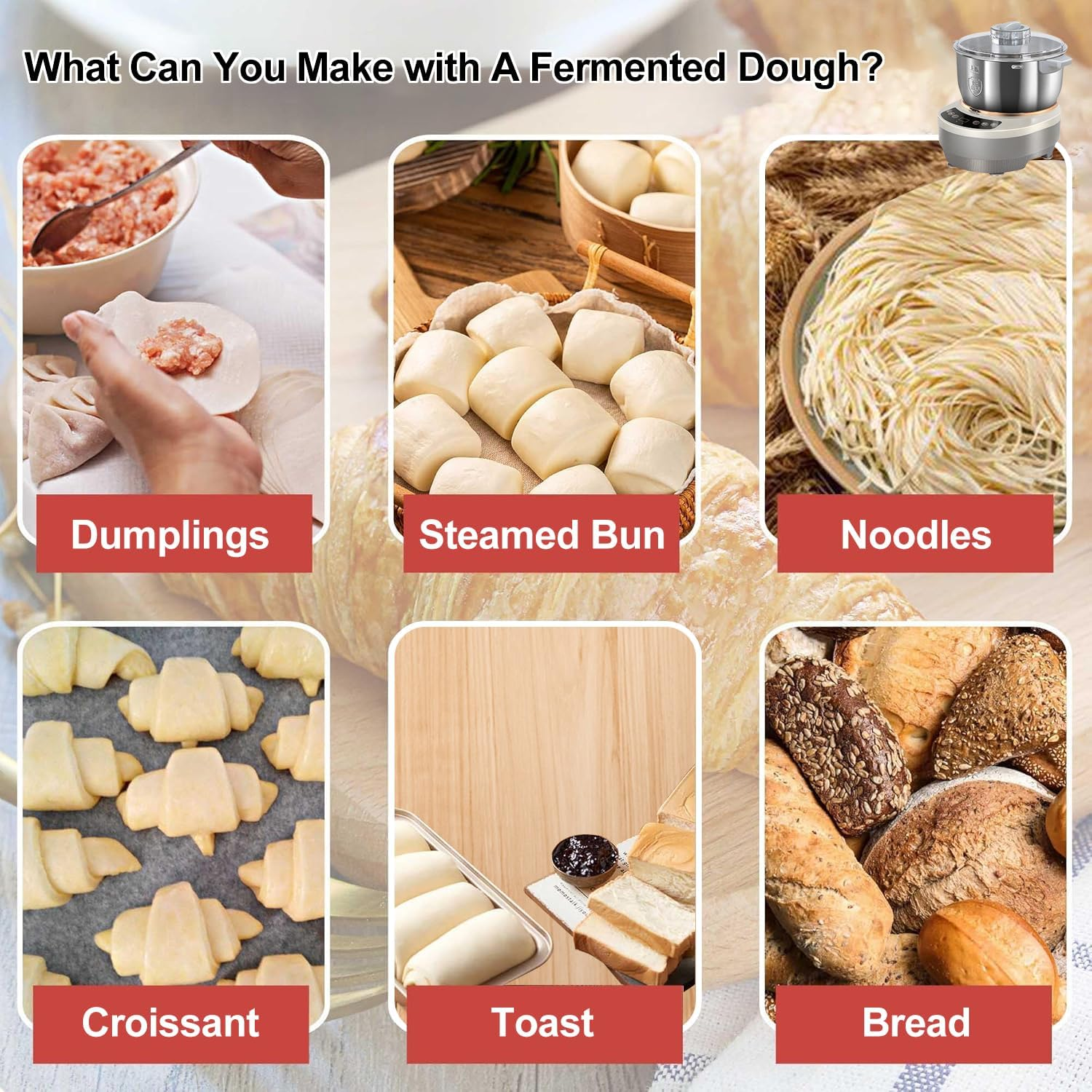 Zertylre Stainless Steel Dough Maker, 5L Dough Flour Mixer Machine, Dough Kneading Machine with Ferment Function, Electric Stand Dough Mixer Bread Proofer with Timing, Touch Panel for Home Baking (7L) image number 5