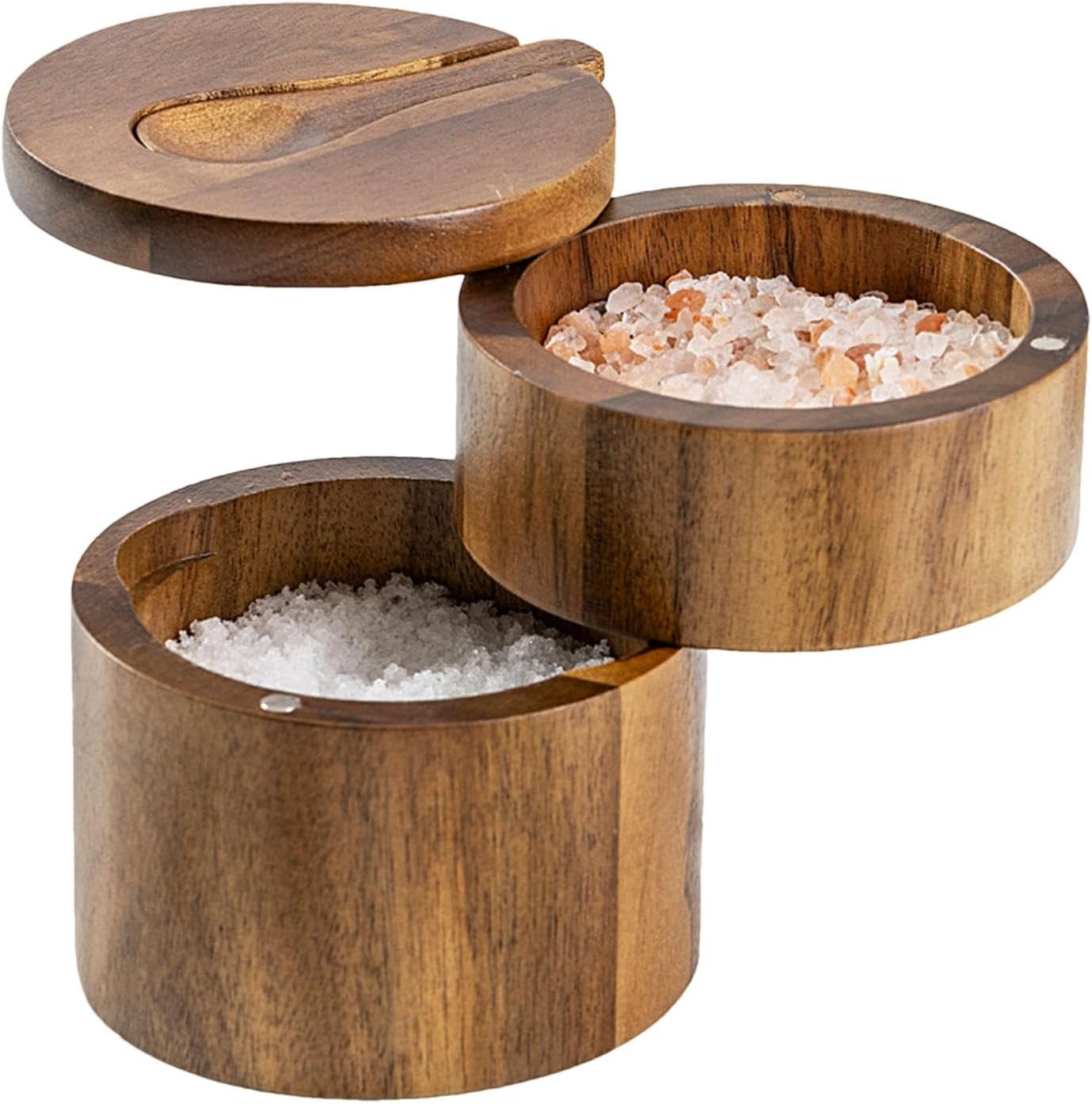 Qkbuza Salt Cellar | Sea Salt Container Box Built-In Spoon,Round Kitchen Salt Holder, Salt Keeper, Salt Cellar Bowl with Double Layer for Spices, Salts or Small Items