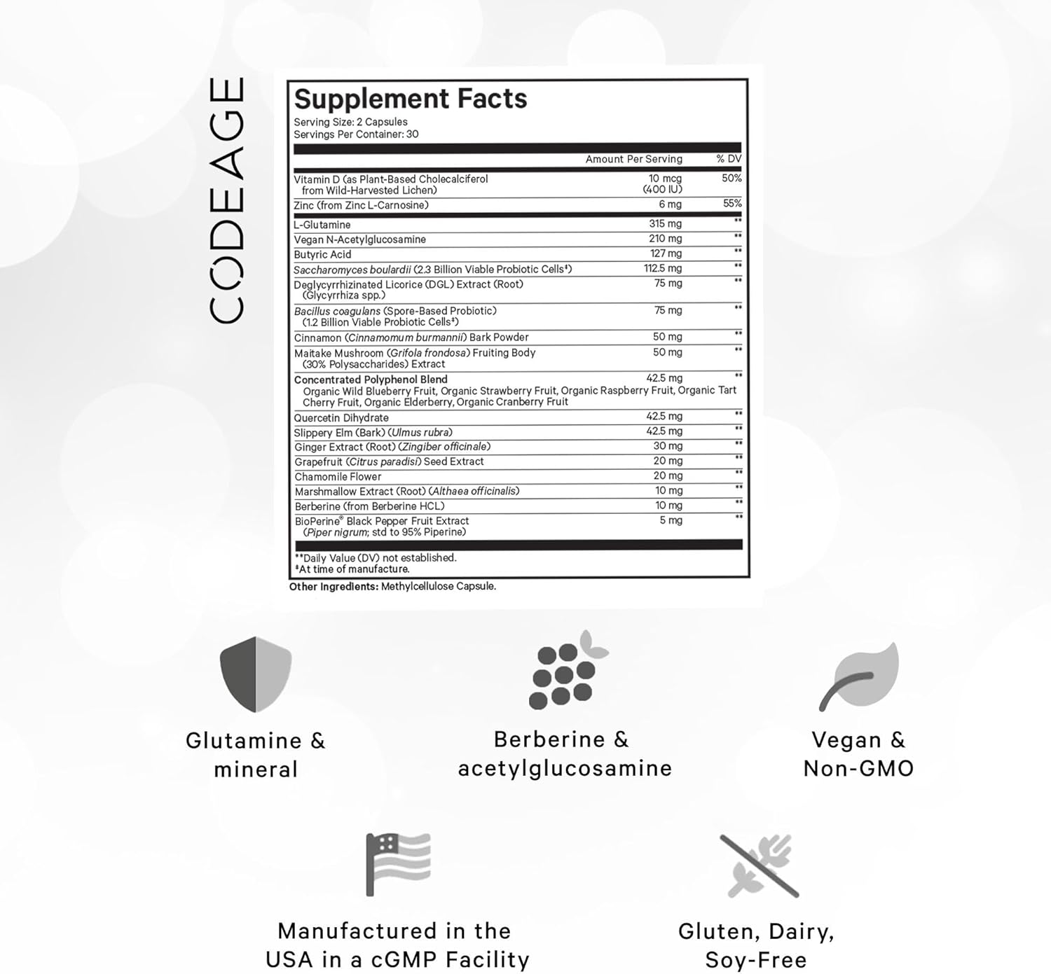 Codeage Leaky Gut, L-Glutamine for Gut Health Support, N-Acetylglucosamine Supplement, Probiotic, Butyric Acid, Polyphenols, Quercetin, DGL, Berberine, Bioperine, Cinnamon, Vegan, Non-Gmo, 60 Capsules image number 1