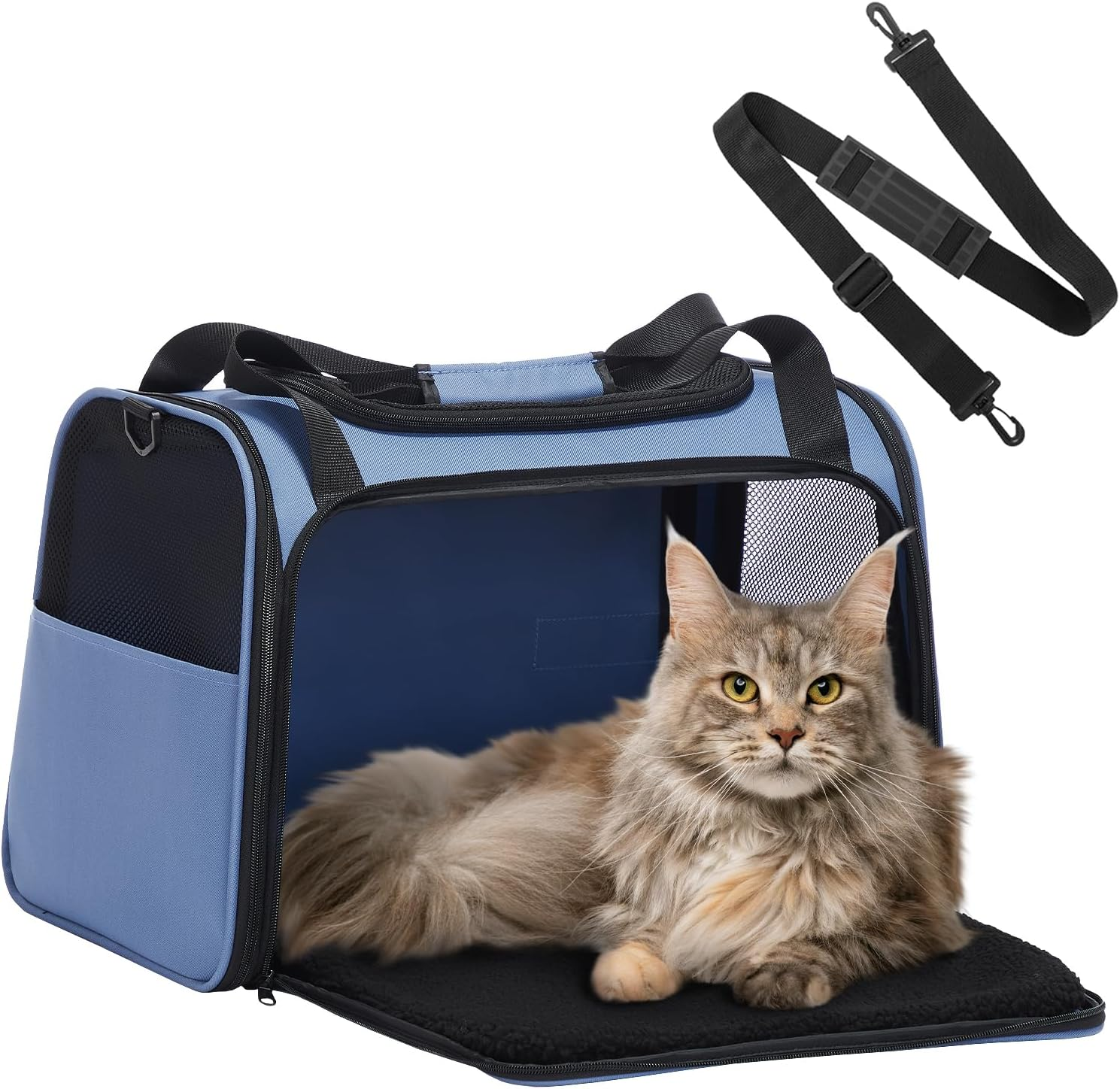 PETSFIT Soft Cat Carrier with Extendable Fleece Pet Mat, Kitty Carrier Airline Approved with Safety Leash for Pets up to 12 Lbs (44 * 26.5 * 27CM, Black)