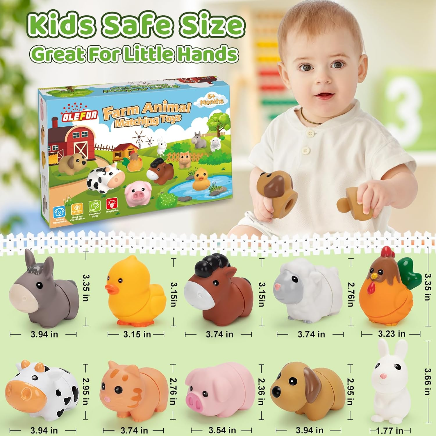 Farm Animal Learning Toys for Toddlers Age 1, 2, 3 Year Old, 10 Pack Montessori Matching Fine Motor Toys, Birthday for Baby Boys & Girls 12-18 Months+ image number 5