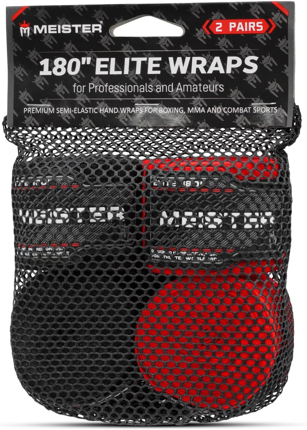 Meister Elite 180" Premium Adult Hand Wraps for MMA & Boxing - 2 Pair Pack W/Mesh Bag - Black  Blood Red image number 2
