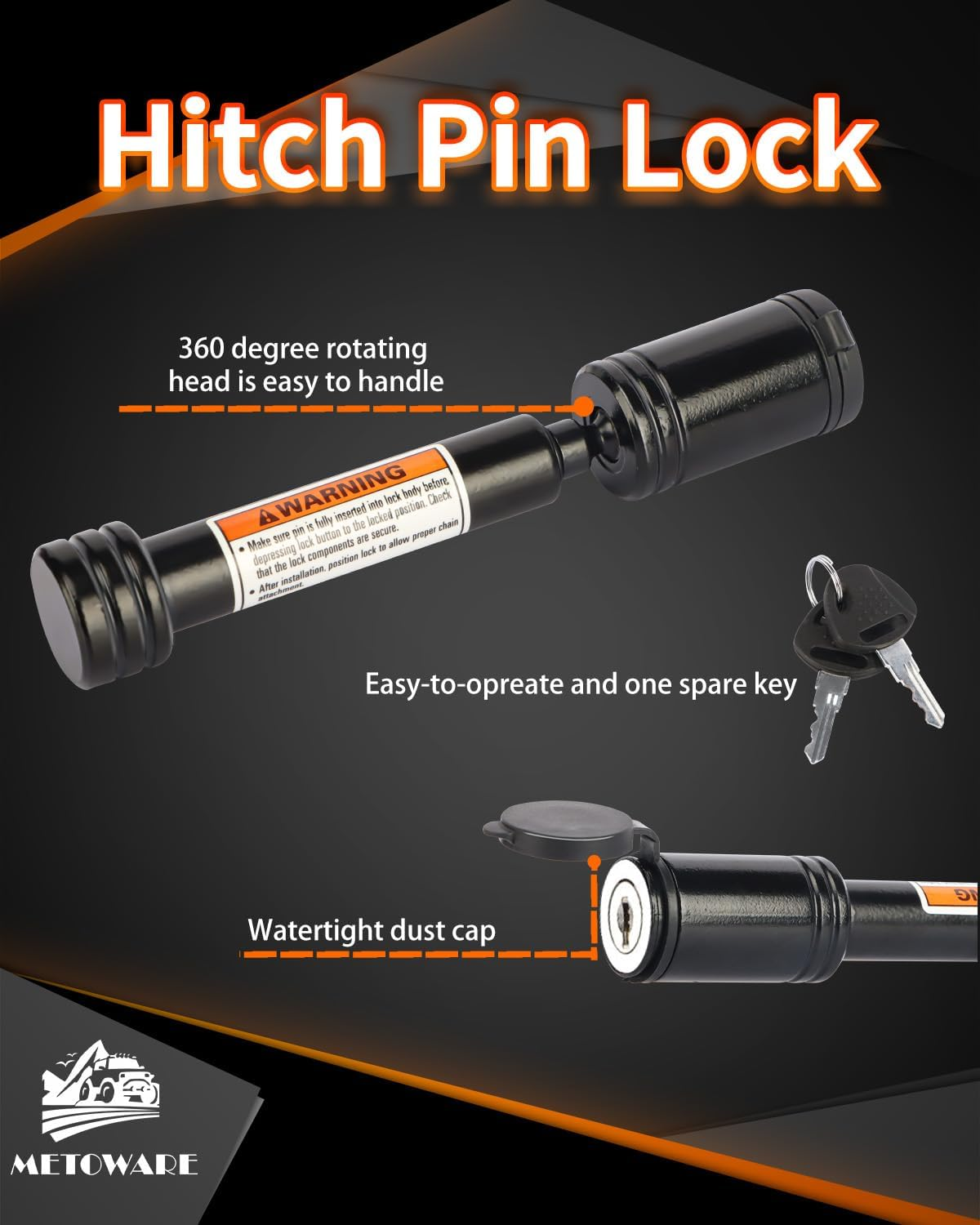 METOWARE Trailer Hitch Lock - 5/8" Dia Locking Receiver Pin, Fits 2" Receiver Tubes, Class III & IV Hitch Receivers, Anti-Theft Trailer Receiver Lock, Black (1 Pack) image number 1