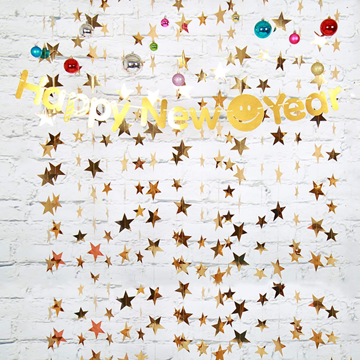 Gold Star Garland Banner Decorations - 156 Feet Bright Paper Hanging Decorations, Glitter Star Bunting for Wedding, Birthday, Holiday, Christmas Party - Gold image number 3