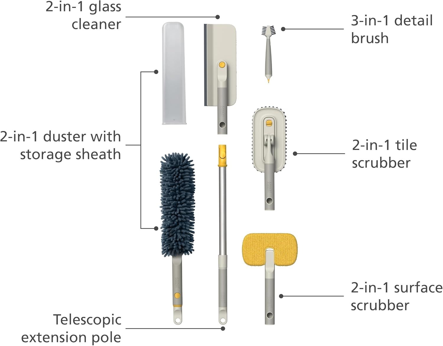 Joseph Joseph Cleantech Deep Cleaning Tool Set with Extension Pole, 5 Cleaning Tools + Extendable Telescopic Handle for Glass, Tiles, Surfaces image number 4