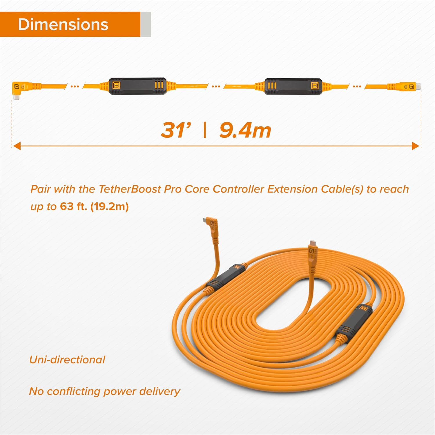 Tether Tools Tetherpro USB-C to USB-C, 31' (9.4M), Straight to Right Angle Cable with Dual In-Line Tetherboosts, & Exclusive Data Transfer - Orange image number 1