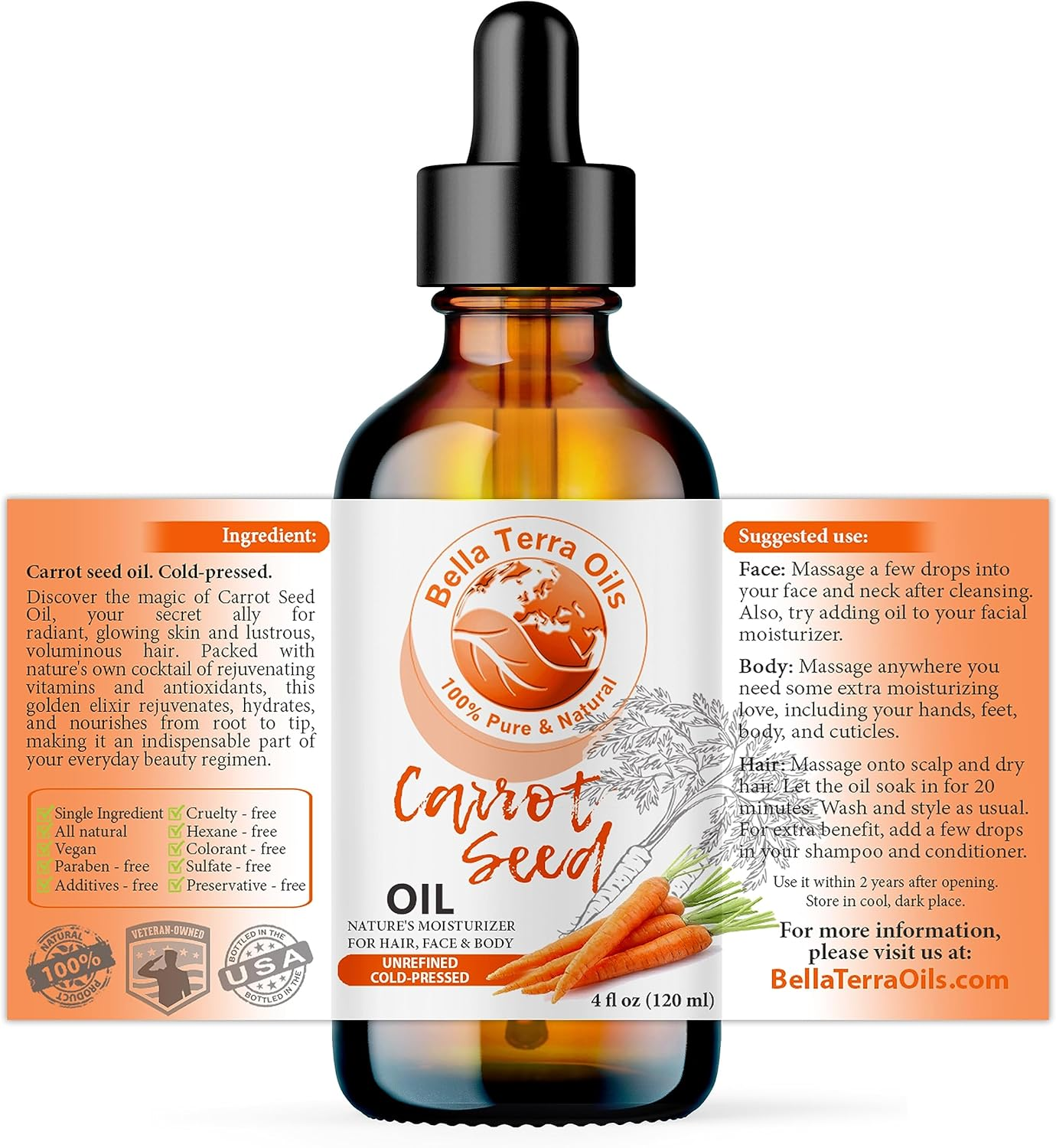 NEW Carrot Seed Oil. 120Ml Cold-Pressed. Unrefined. Organic. 100% Pure. Daucus Carota. Hexane-Free. Rejuvenates Skin and Softens Hair. Natural Moisturiser. for Hair, Face, Body, Nails, Stretch Marks. image number 1