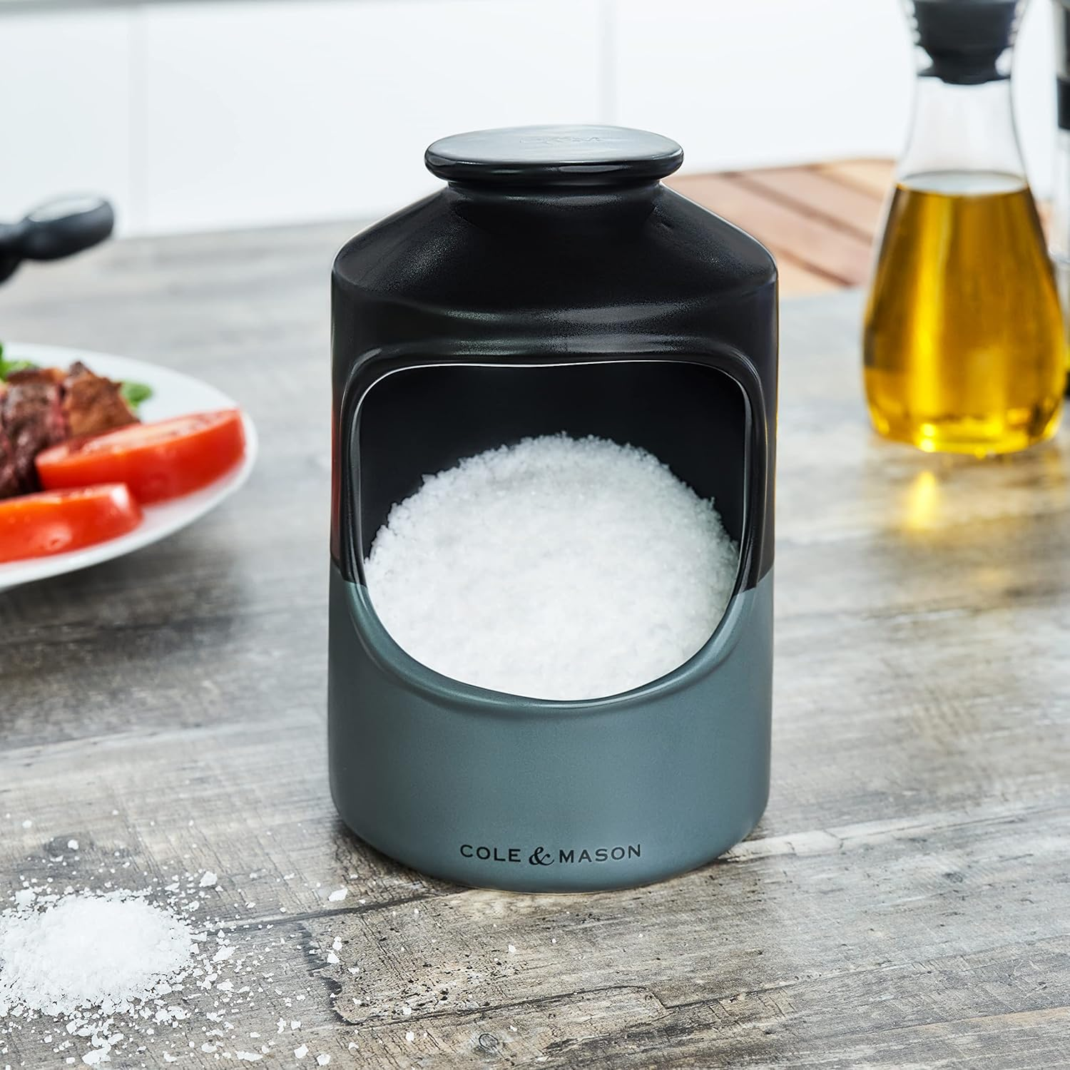 Cole & Mason Strethall Black/Grey Salt Pig, Kitchen Organisation, Seasoning Storage Pot/Salt Cellar, Ceramic, (H) 163 Mm X (D) 110 Mm, Salt Not Included image number 1