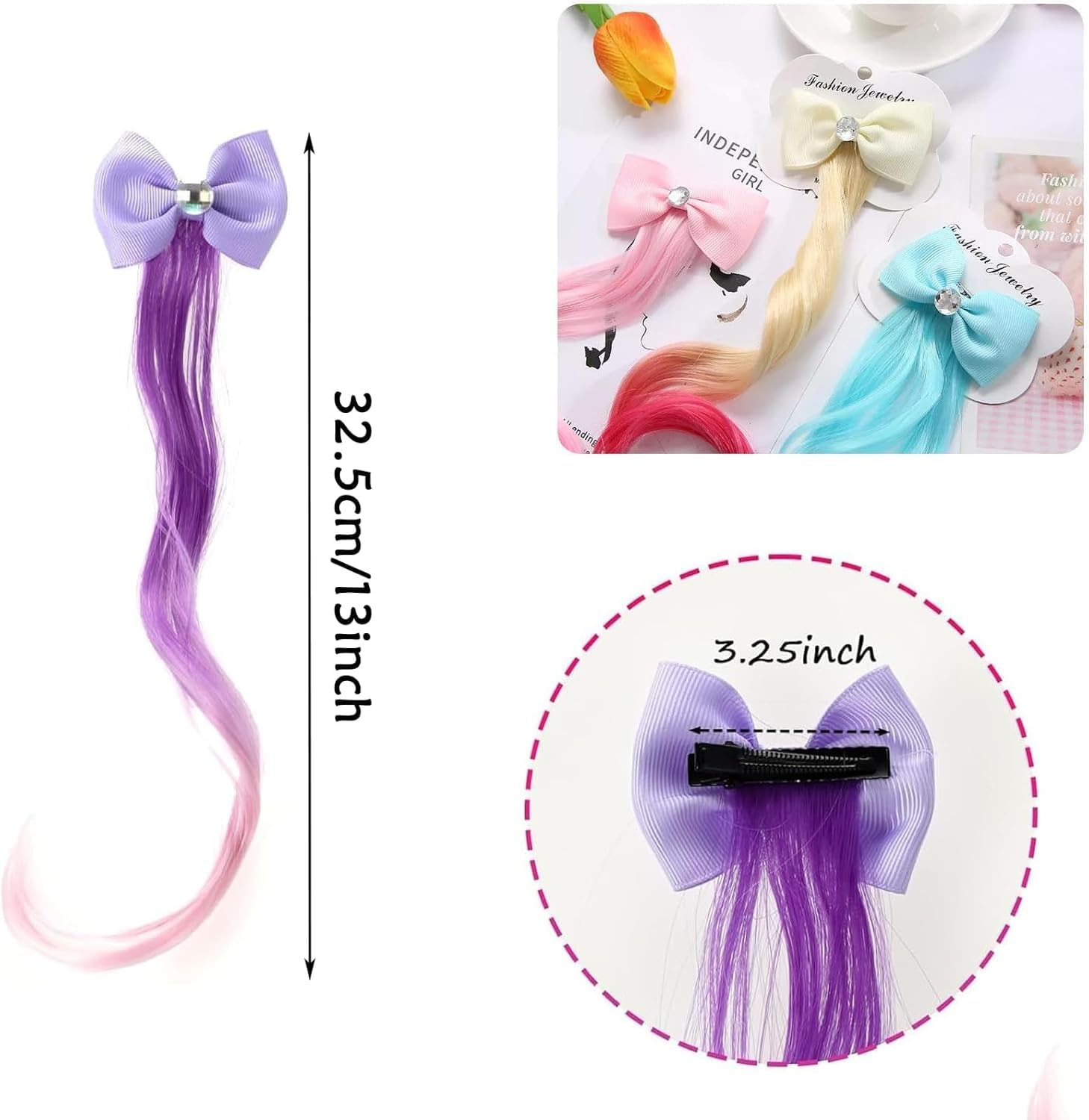 Colored Curly Hair Extension Clips, 6Pcs Unicorn Wig Hair Clips Bows Hair Braided, Hair Bows Braided Curly Wigs, Unicorn Hair Extension Clip for Little Girls image number 2
