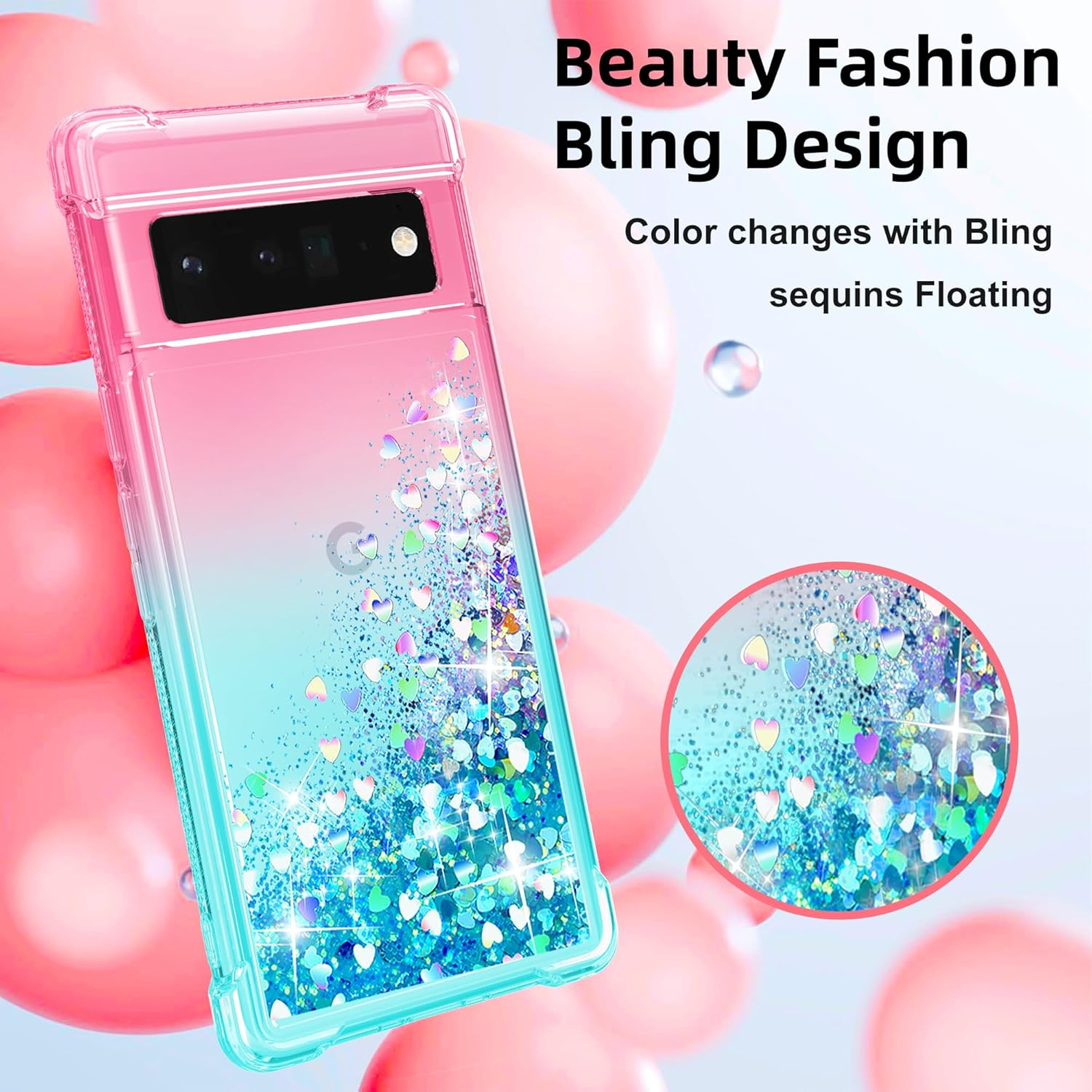 For Pixel 6 Pro Phone Case with Screen Protector*2, Clear Liquid Sparkle Glitter Floating Quicksand Phone Case, Soft TPU Bumper Shockproof Protective, Google 6 Pro Case for Women Girls, Pink/Blue
