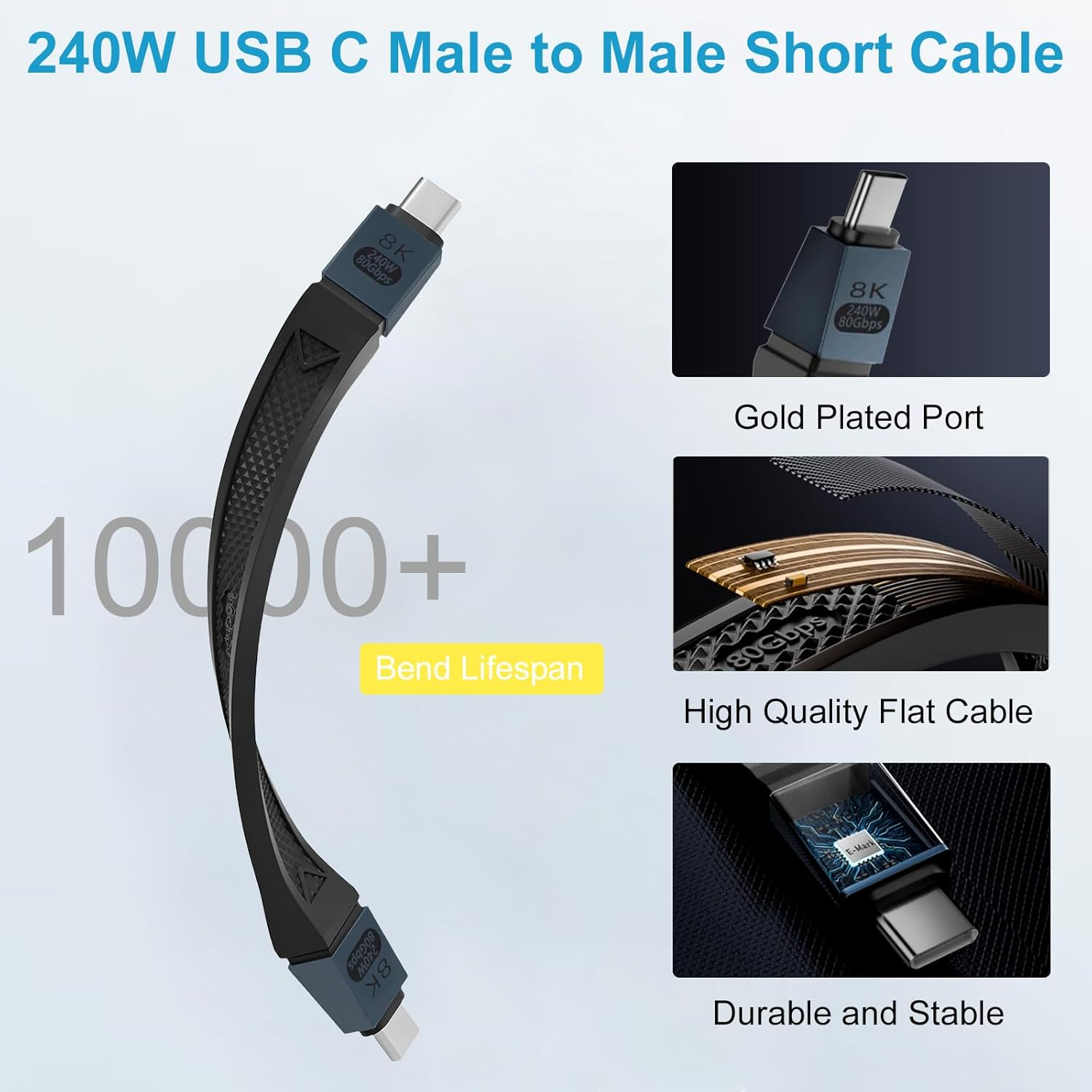 Danfetsoy USB C Short Cable 80Gbps, USB C Male to Type C Male Cable Support 80Gbps, 240W, 16K@30Hz Video Thunderbolt 4/3 for Laptop, Tablet, Docking, Egpu, Phone(Black, 13Cm/5Inch) - White image number 6