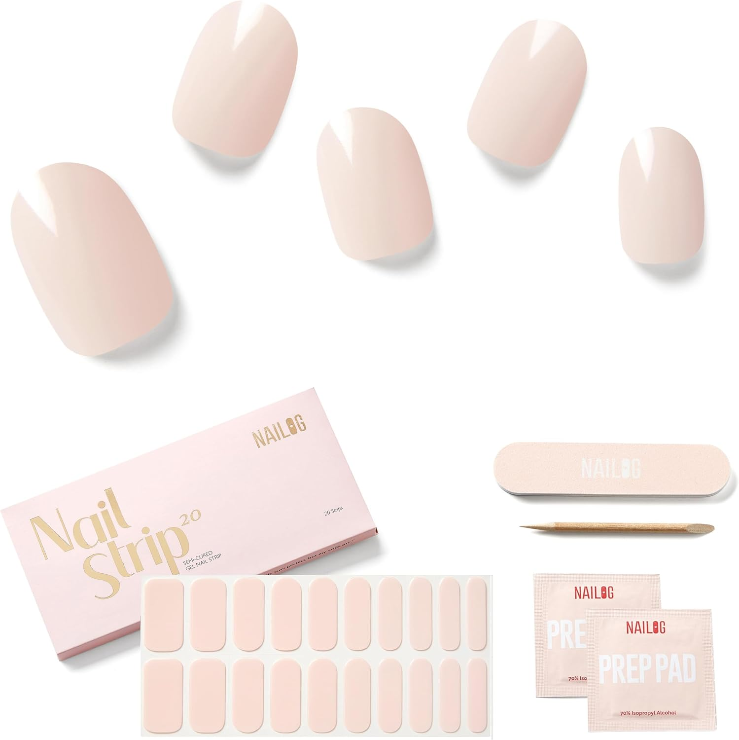 NAILOG Semi Cured Gel Nail Strips (20 Extra Long Stickers/Wraps) | Glossy & Long Lasting Soft Gel Finishing -Rosy Veil