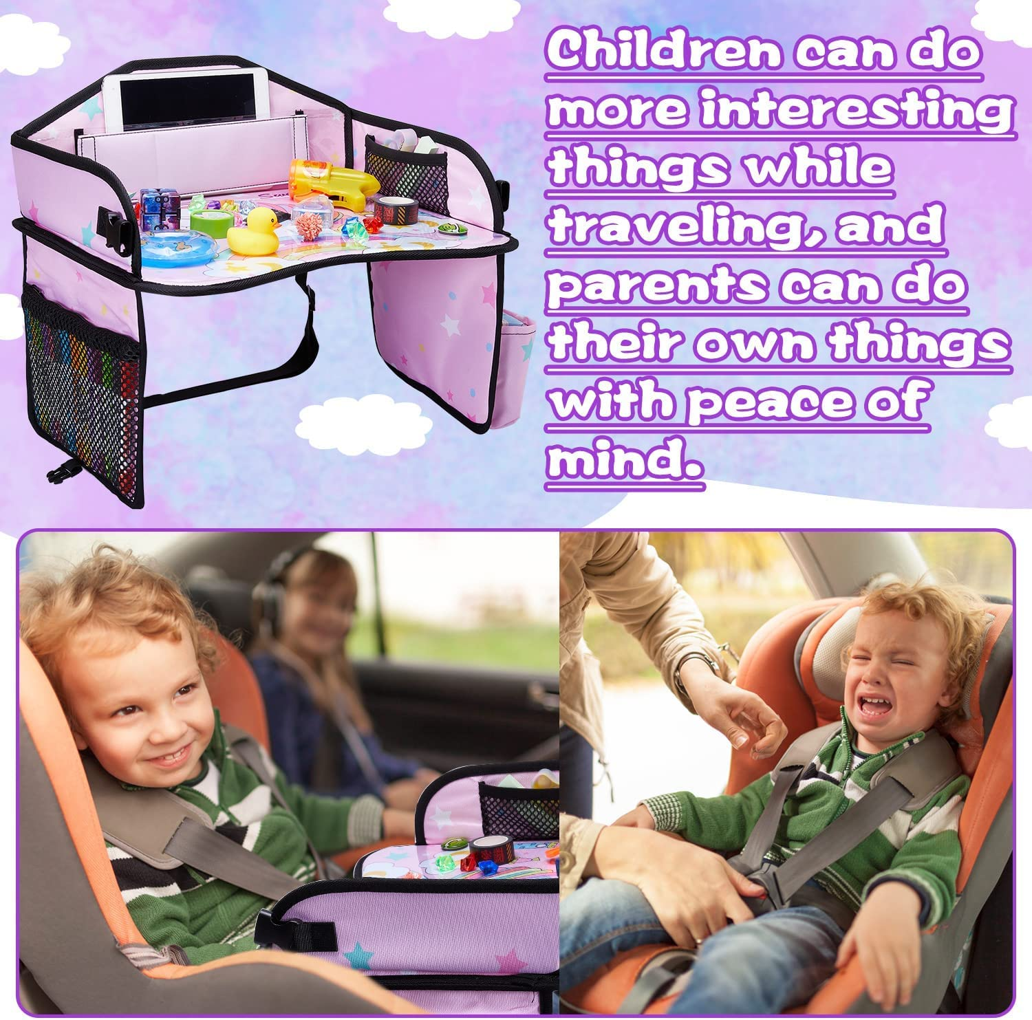 Lordap Kids Travel Tray for Toddler Car Seat,Toddler Car Seat Tray Organizer,Large Ipad Holder a Road Trip Essential,Soft Padding,Waterproof,Food & Snack Lap Tray Carseat,Stroller,High Chair (Pink) image number 3