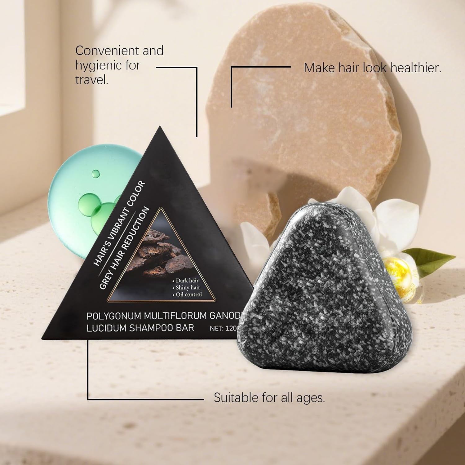 Black Triangular Polygonum Multiflorum Shampoo Bar - Moisturizing & Strengthening | Gentle Cleansing for All Hair Types, Long-Lasting & Travel-Friendly (1Pcs) - 1Pcs image number 1