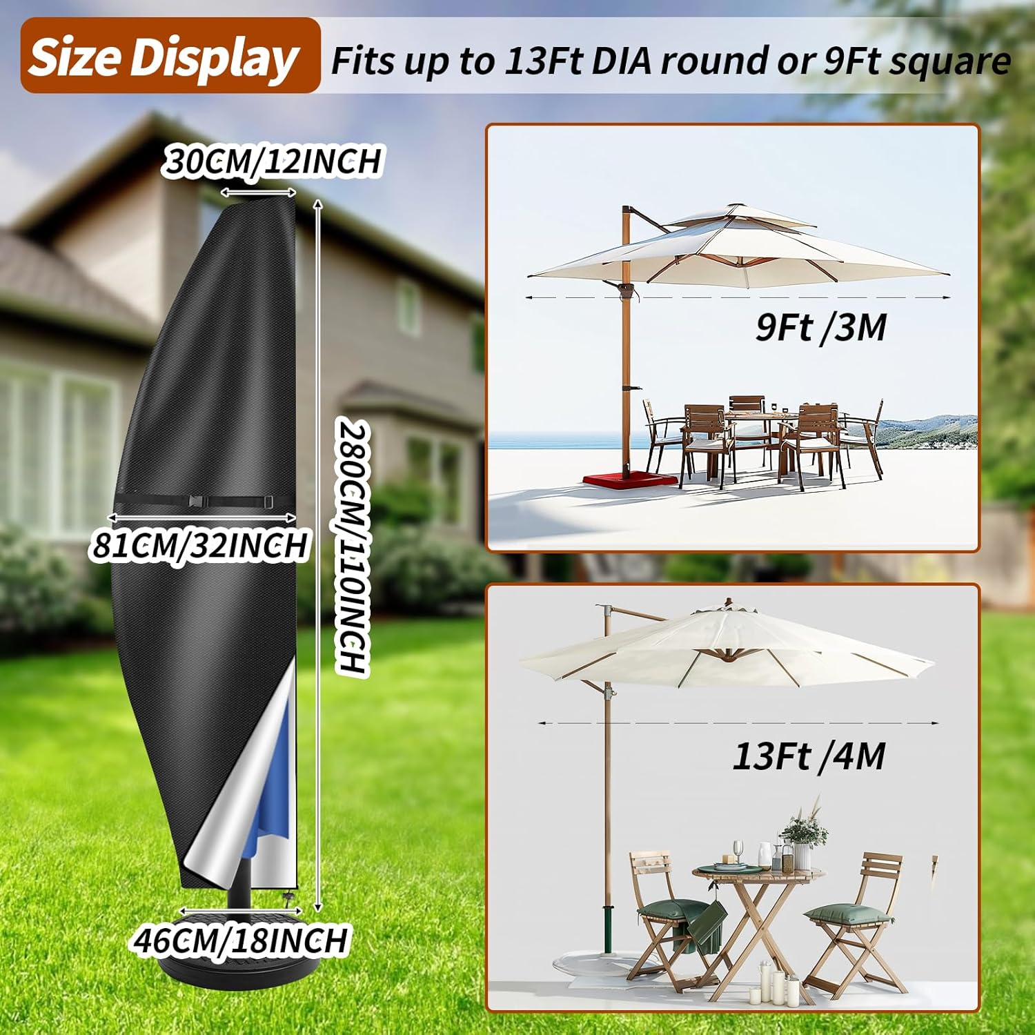 Neween Cantilever Parasol Cover with Rod, 210D Heavy Duty Waterproof Windproof Garden Offset Large Umbrella Cover with Zipper and Storage Bag Fit for 2.7-3.9M Outdoor Parasol (Black, 280X30/81/46Cm) image number 3