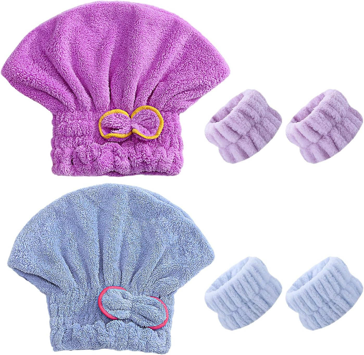 Pack of 2 Blue and Purple Dry Hair Caps and 4 Pieces Blue and Purple Wrist Bands, Fast Absorbing Dry Hair Caps, Practical Wrist Straps, Suitable for Showering. image number 3