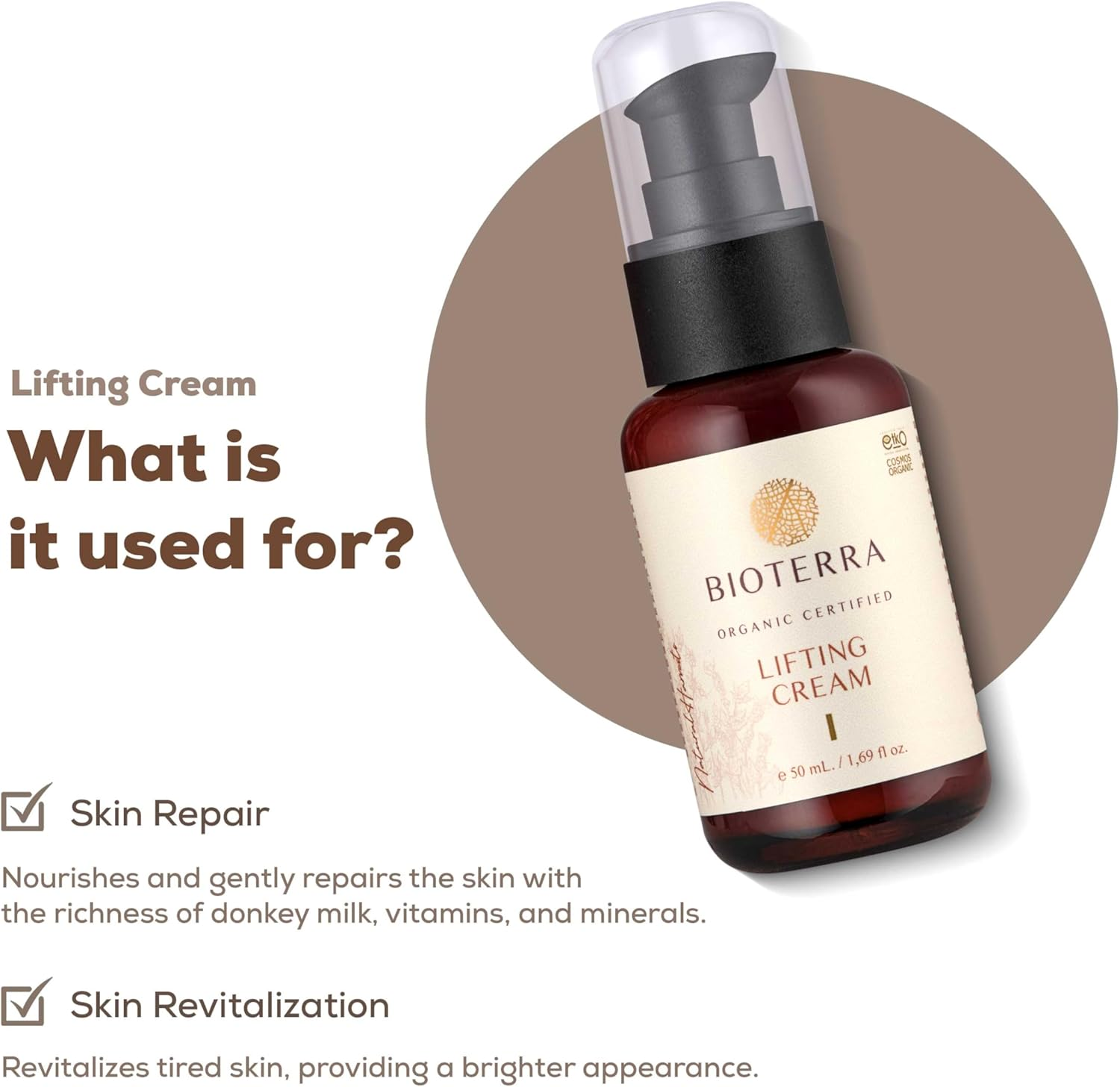 BIOTERRA Collagen Booster Lifting Cream &ndash; Face Moisturiser with Donkey Milk & Aloe & Coconut Oil - Anti-Aging Skin Tightening Cream to Reduce Wrinkles - 100% Natural Firming Face Cream for Smooth & Youthful Skin - Day and Night Skincare for All Skin Types - Dermatologist Tested (50Ml)