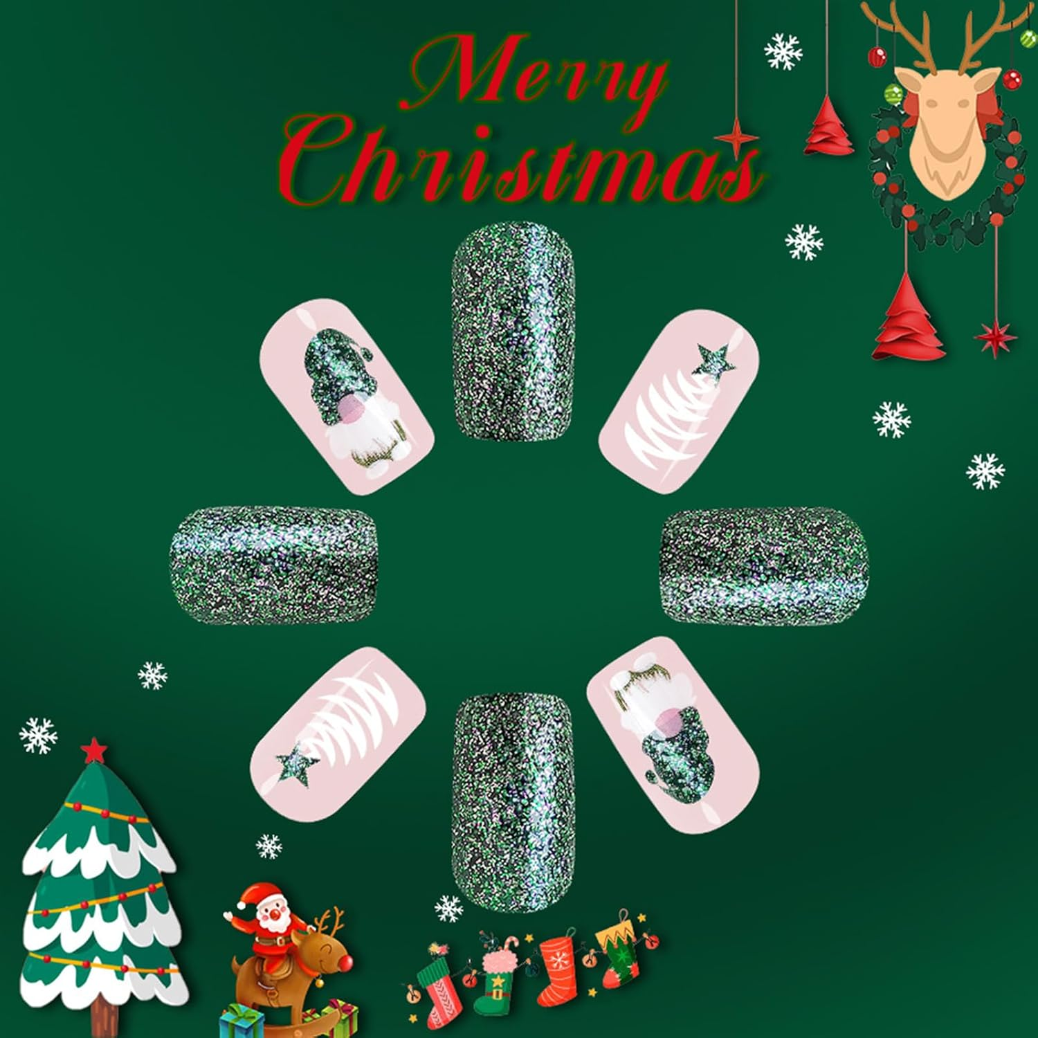 24PCS Christmas Press on Nails,Cute Xmas Short Fake Nails with Shinny Glitter,Green Fingernails with Christmas Elements Design,Unique Square Glossy Full Cover False Nails for Women or Girls image number 6