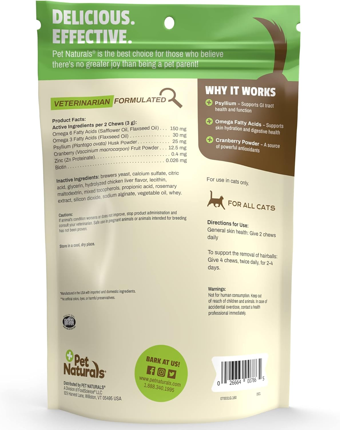 Pet Naturals of Vermont - Hairball, Daily Digestive, Skin and Coat Support for Cats, 160 Bite-Sized Chews