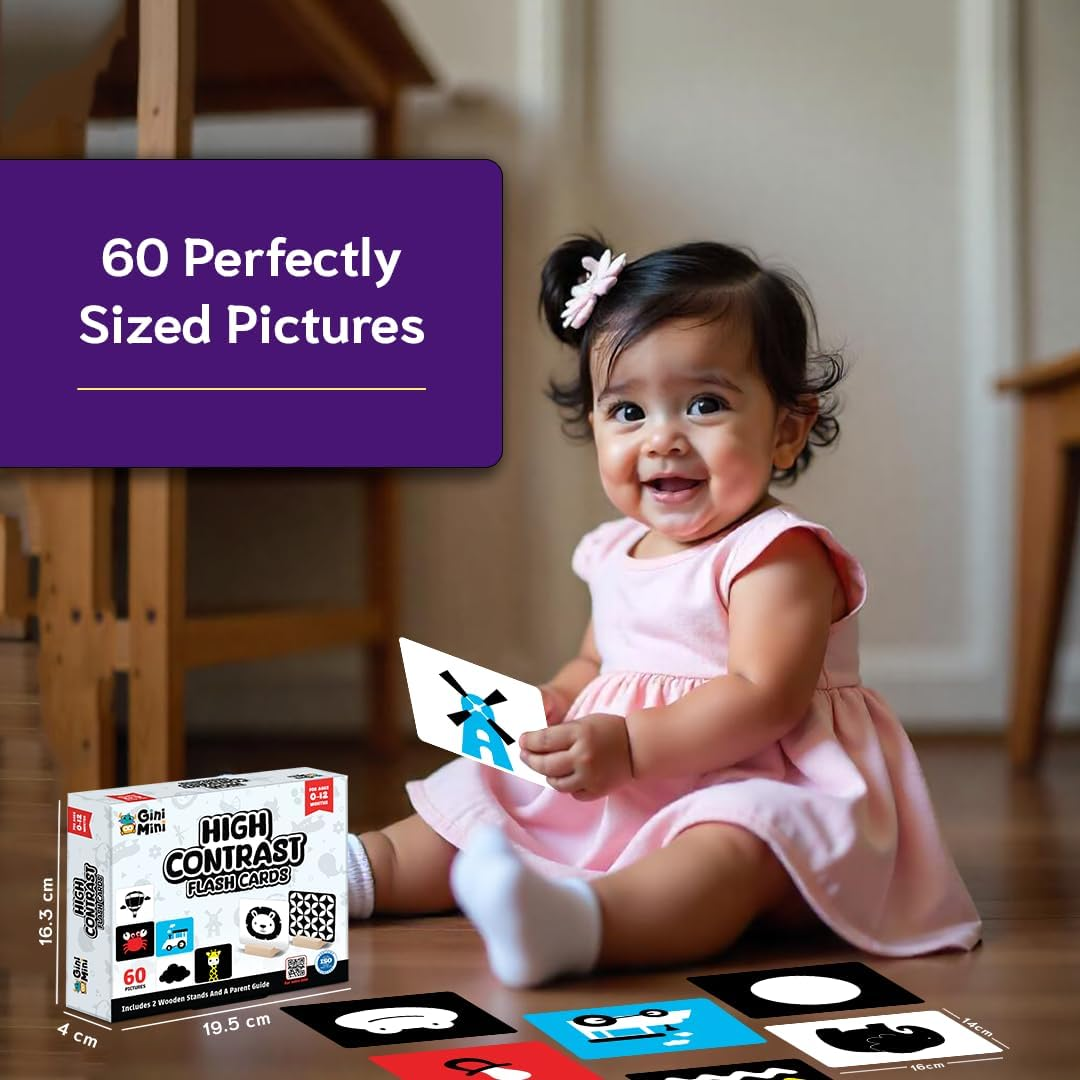 High Contrast Flashcards for 0-12 Months - Black, White & Primary Colors for Visual Stimulation | 60 Large Pictures for Newborn Babies & Infants, Gifts, Travel Friendly