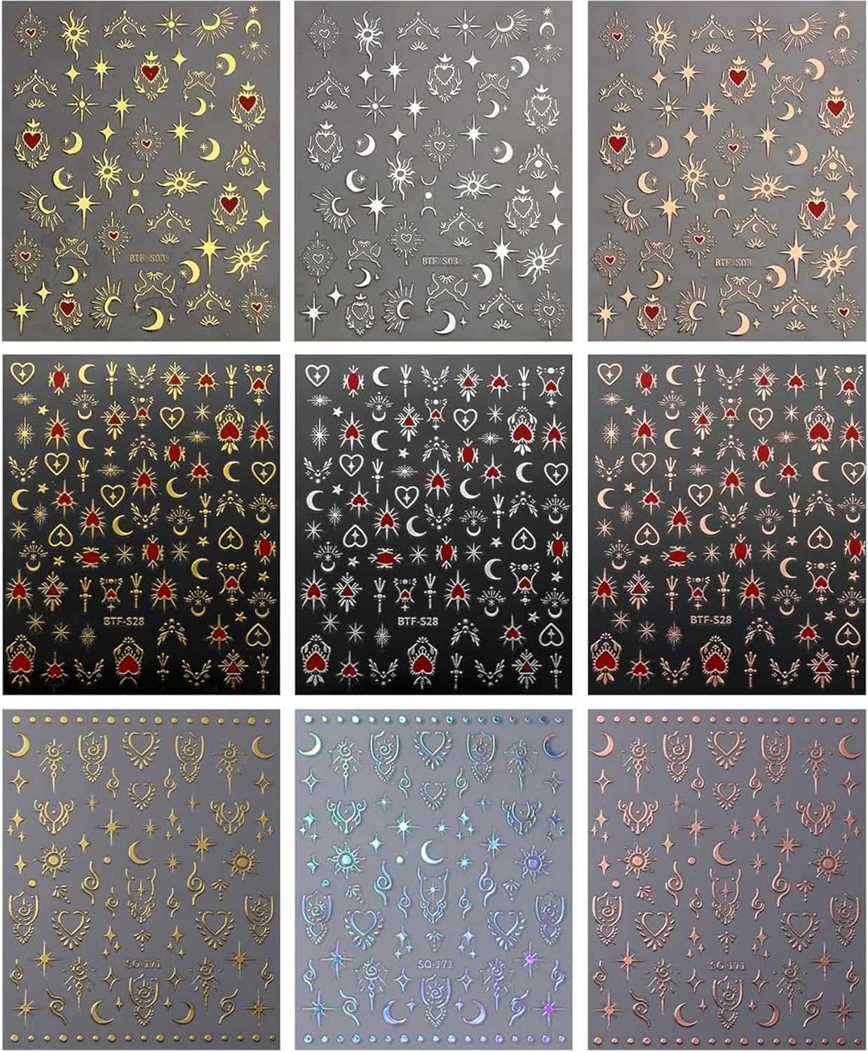 Gold Foil Love Heart Sun Moon 3D Adhesive Stickers, Moon Star Nail Art Stickers, Self-Adhesive Sun Nail Supplies, Nail Design Decoration Accessories (Gold Stamping-5Pcs)