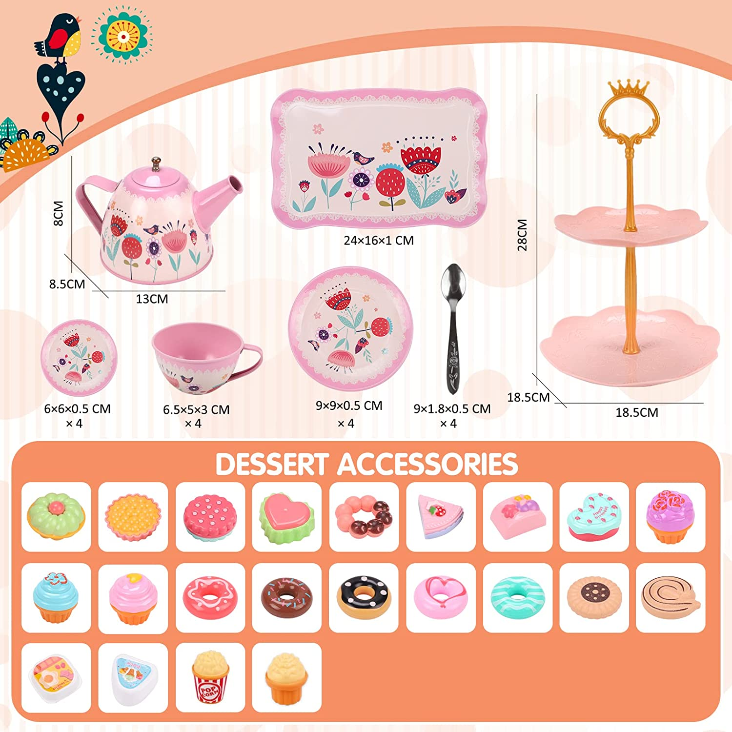 REMOKING 45 PCS Kids Tea Party Set for Little Girls,Tea Set Including Pretend Tin Teapot,Dessert,Cookies,Doughnut,Ice Cream, Kids Kitchen Pretend Play Playset,3 4 5 6 7 Year Old Boys Girls Gifts Toy image number 5