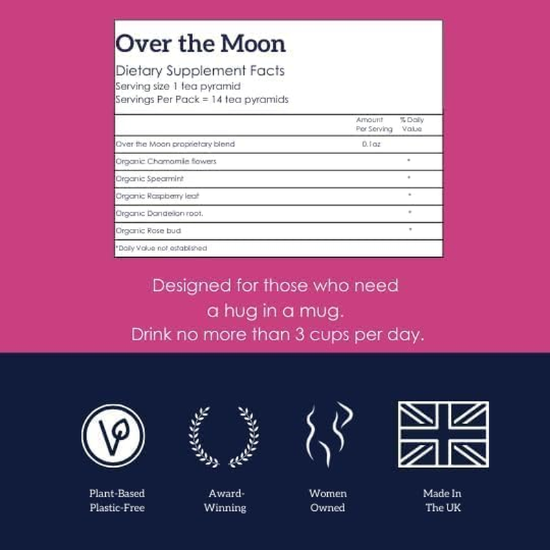 HOTTEA MAMA | over the Moon | Period Support Tea with Dandelion Root, Spearmint, Raspberry Leaf, Rose, Chamomile | 14 Whole Leaf Biodegradable Bags image number 2