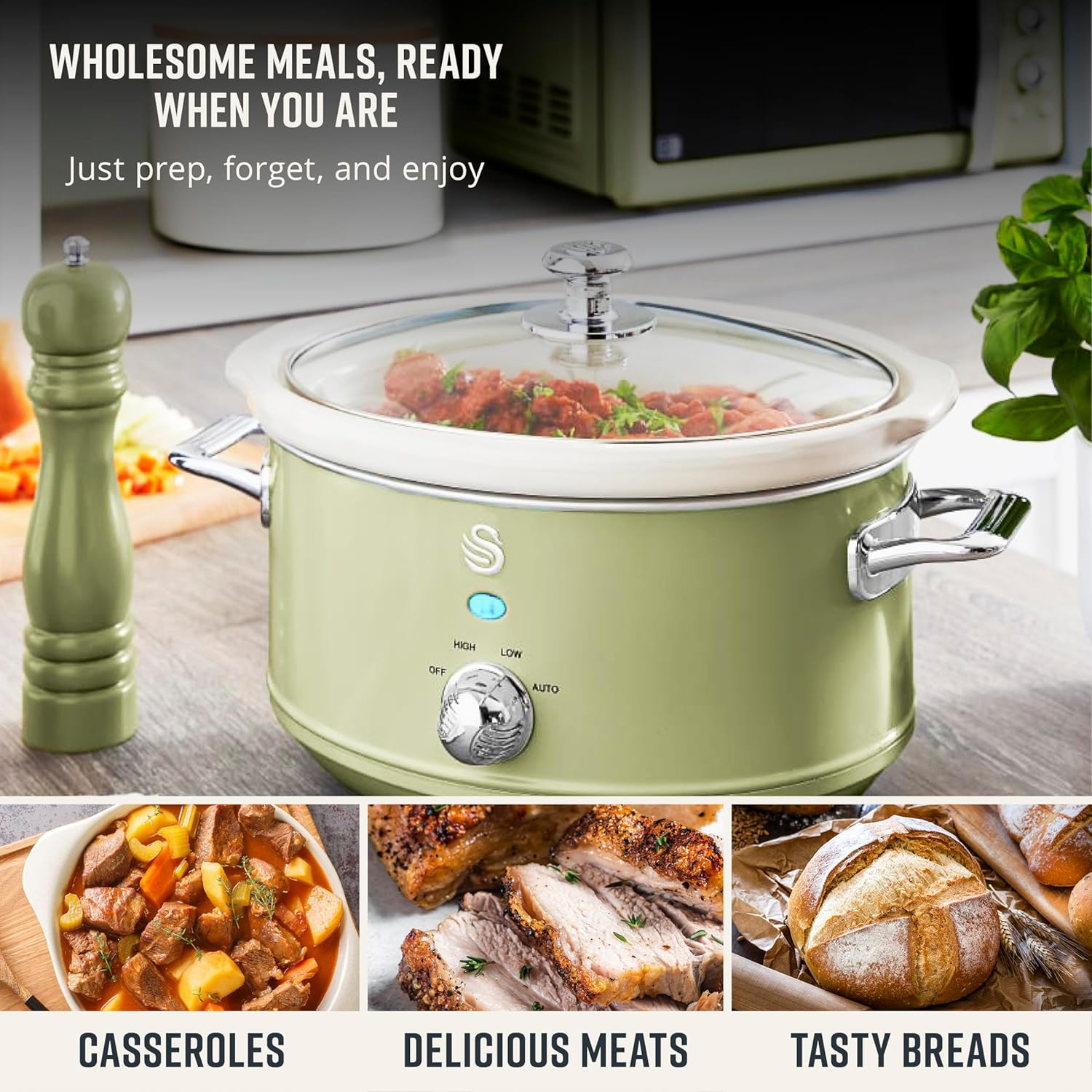 Swan SF17021GN Retro Slow Cooker with 3 Temperature Settings, Keep Warm Function, 3.5L, 200W, Retro Green image number 3