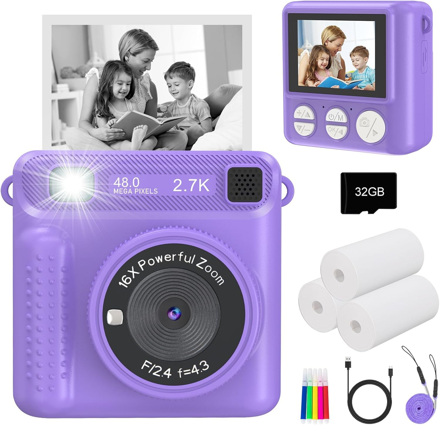 Omebel Kids Digital Camera, Instant Print Camera for Kids, HD Video, 32GB SD Card, Portable Toddler Camera for Girls & Boys Age 3-12, Christmas Birthday Gifts, Kids Camera & Photo Kids Toys (Pink)