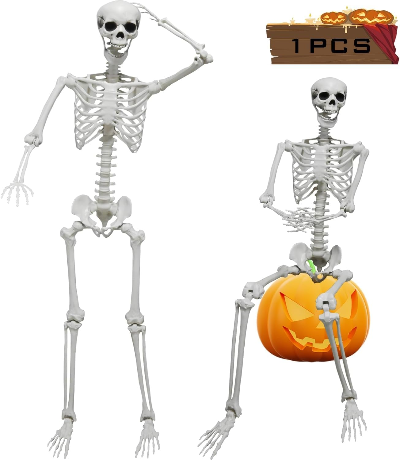 36" Skeleton Halloween Decorations, 90CM Full Body Human Skeleton with Movable Joints for Halloween Haunted House Graveyard Party Scary Decor image number 2