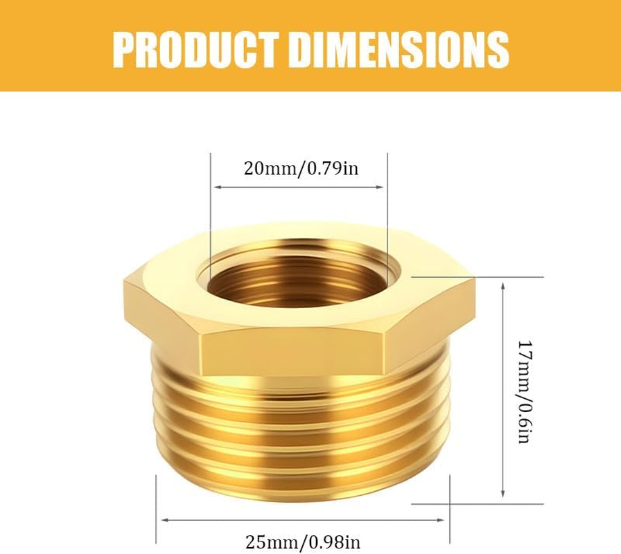 Hex Thread Reducer Adapter, 20Mm Female to 25Mm Male BSP Brass Connector, Corrosion-Resistant Pipe Fitting for Water Lines, Plumbing Systems, Garden Hose Connections image number 5