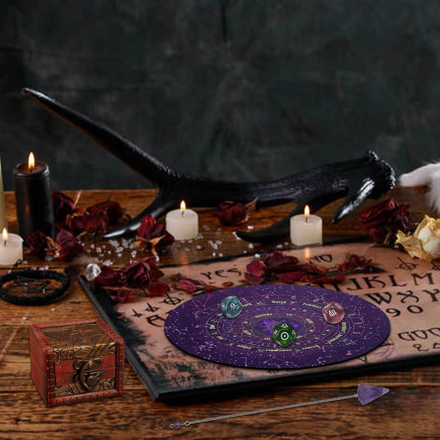 6 Pcs Tarot Divination Dice Set with Astrology Dice, Amethyst Pendulum, Witch Pendulum Board, Card Case, Witchcraft Kit - Metaphysical Supplies for Beginners image number 4