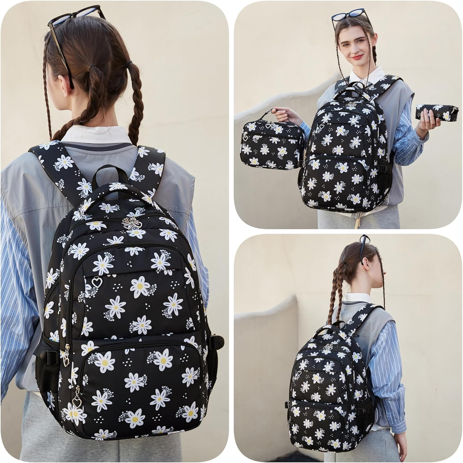 ZHANAO Flower Girls Backpack Set for Middle School Students School Bag for Girls Bag with Lunch Box 3Pcs Bookbag Set - Flower-Grey image number 3