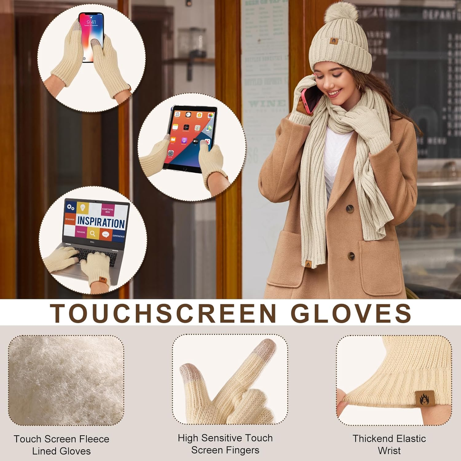 Scarf Gloves Set for Women with Ear Warmers Winter Warm Beanie Hat Scarf Gloves Set Touchscreen Gloves Socks image number 4