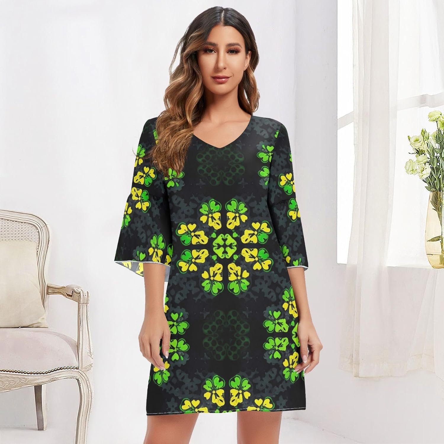 Green Yellow Shamrock Black Short Chiffon Dress Printed Line Maternity Dress S-XXL