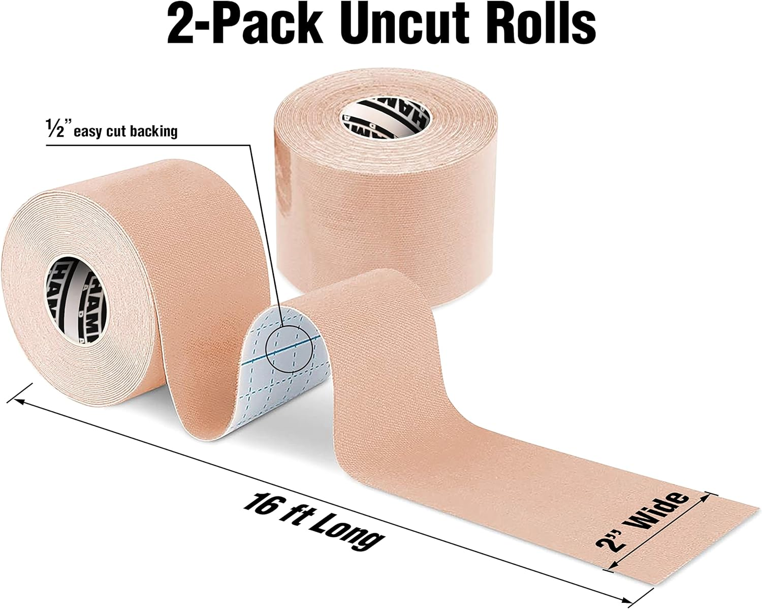 Hampton Adams (2 Pack) Premium Kinesiology Tape | Athletic Tape Supports & Protects Muscles, Knees, Shoulders & Plantar Fasciitis | Waterproof & Hypoallergenic | Beige Uncut Kinesio Tape image number 3