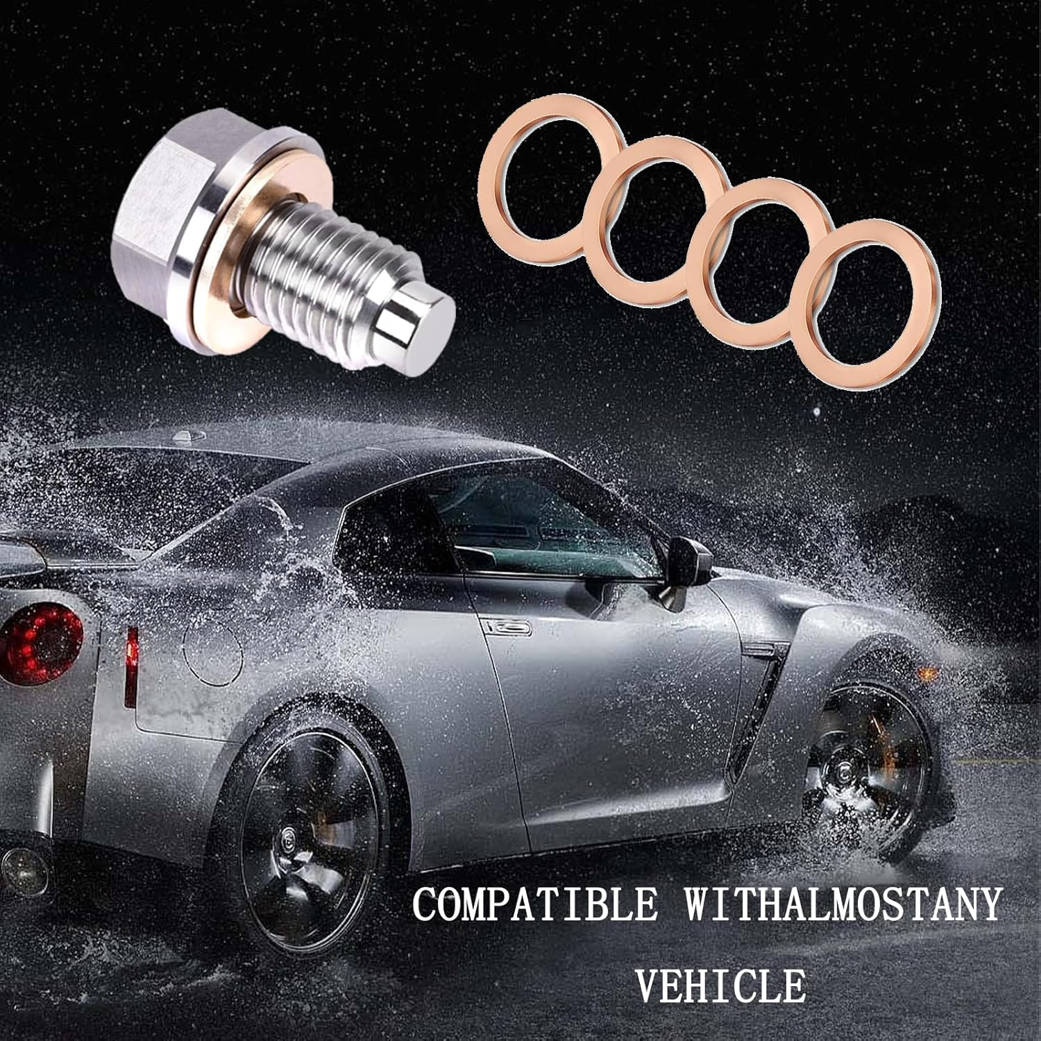 M14X1.5 Magnetic Oil Drain Plug, Magnetic Stainless Steel Oil Pan Drain Nut Bolt with 5PCS Copper Crush Washer anti Leakage, Universal Leak-Proof Replacement,Fits Most Cars,Motorcycles,Boats image number 2