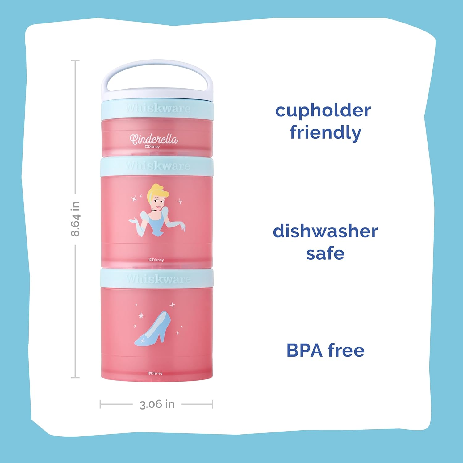 Whiskware Disney Princess Cinderella, Stackable Snack Containers for Babies, Kids, and Toddlers, 3 Stackable Snack Cups for School or Travel, Backpack and Cupholder Friendly, Glass Slipper image number 3