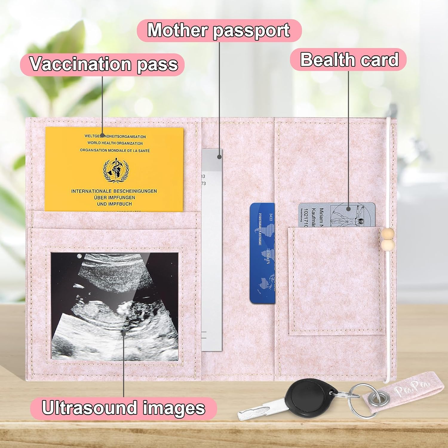 Maternity Log Protective Cover, German Maternity Log Cover Felt, Maternity Log Cover Rose with 2 Key Chains, Cover Maternity Log with Compartments for Ultrasound Image, Vaccination Certific image number 5