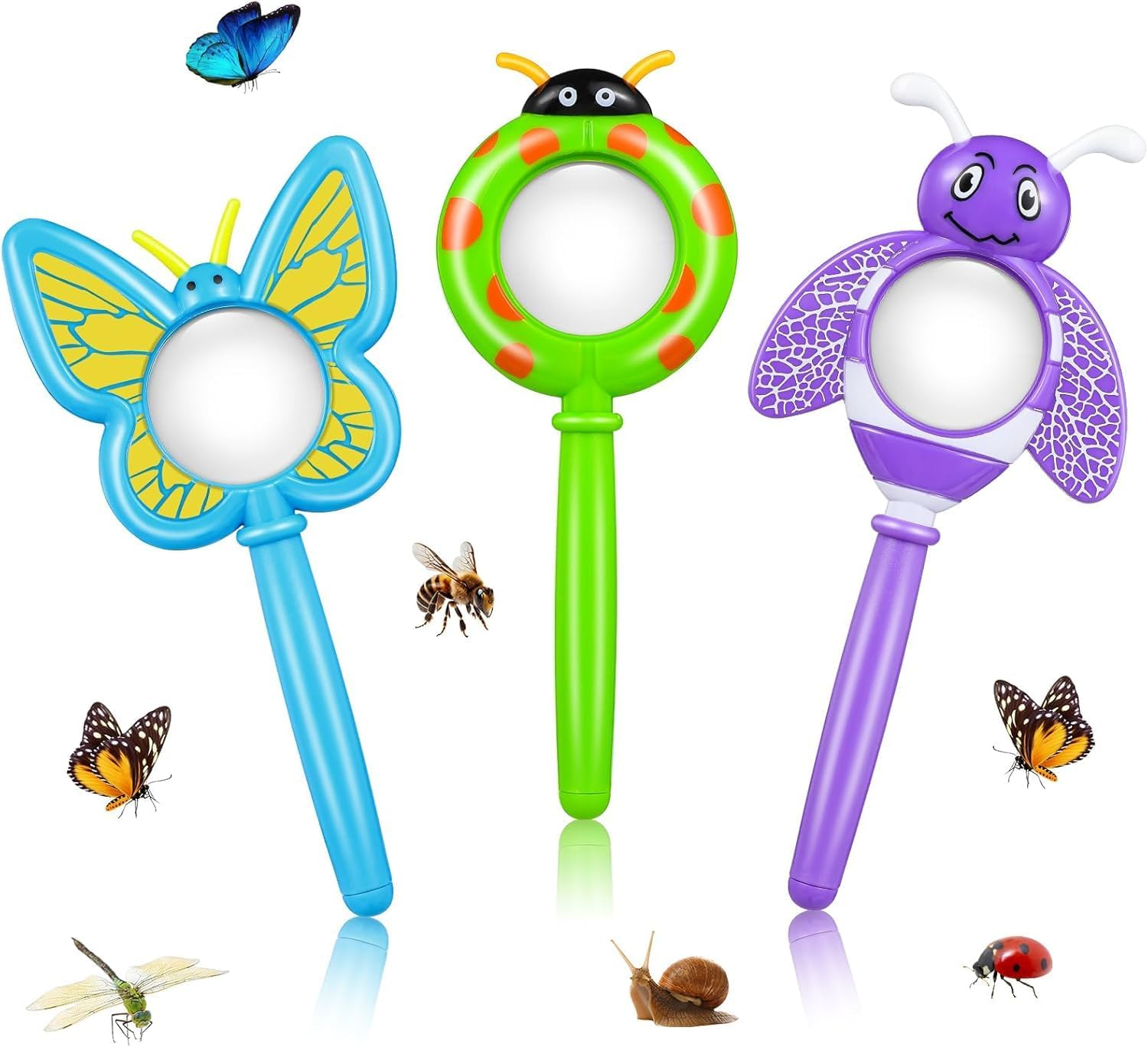 3Pcs Bug Magnifier for Kids, Handheld Butterfly Bee Ladybug Magnifying Glass, Kids Insect Magnifying Glass for Boys and Girls Gift Outdoor Activities