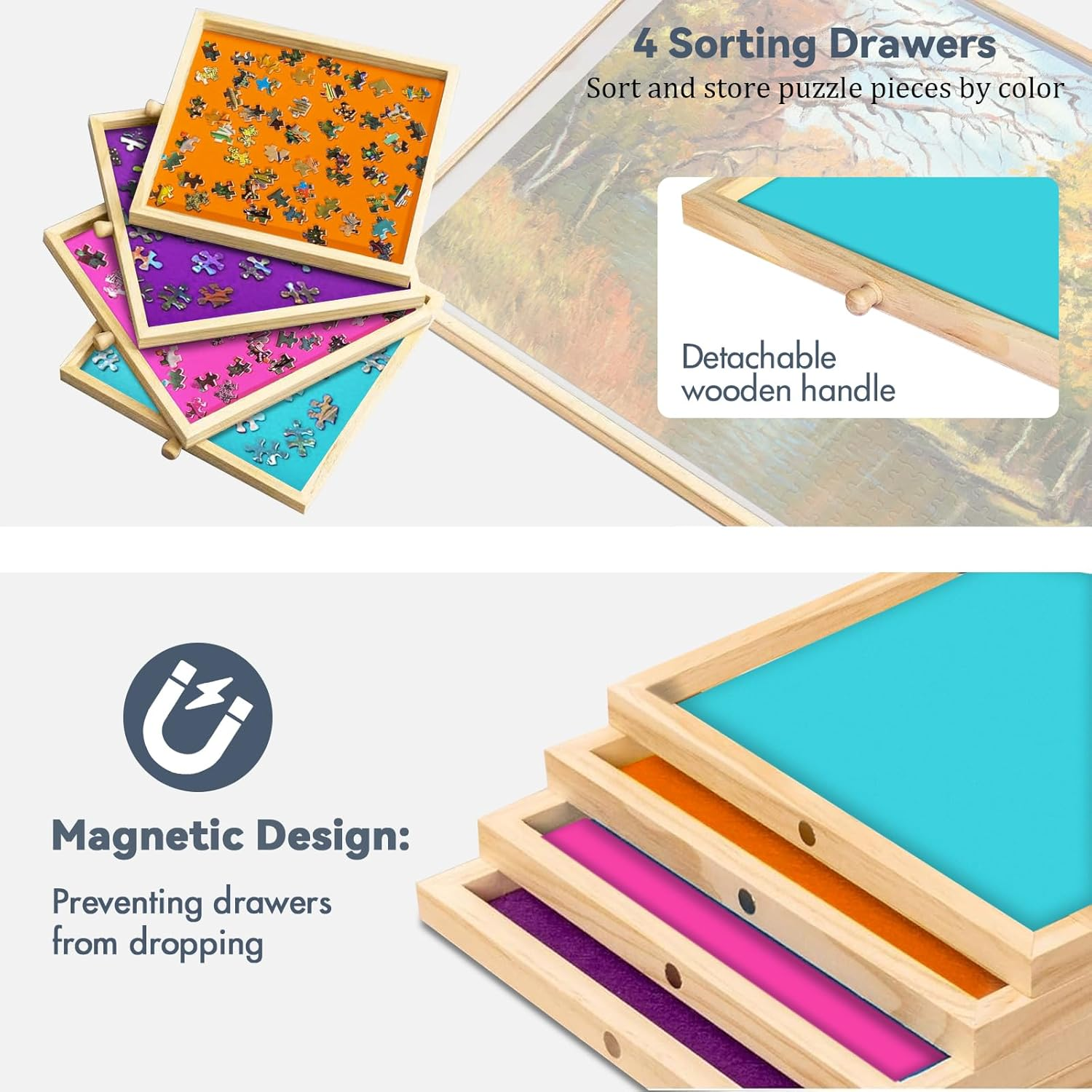 2-In-1 Tilting & Rotating Puzzle Board for 1500 Pieces Puzzle Tables for Adults with Drawers Wooden Jigsaw Puzzle Table with 5 Adjustable Angles, 4 Drawers, Non-Slip Felt Surface, Protective Cover image number 1