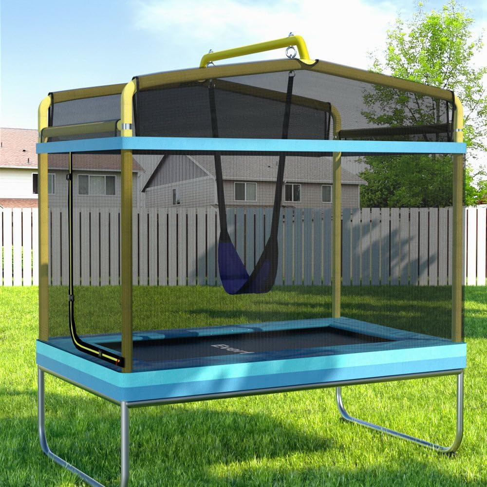 Everfit Trampoline for Kids 6FT Rectangle Rebounder round Mini Trampolines, Outdoor Bouncing Children Gift, Enclosure Safety Net Pad Cover Family Christmas Birthday Home Yellow Blue image number 3