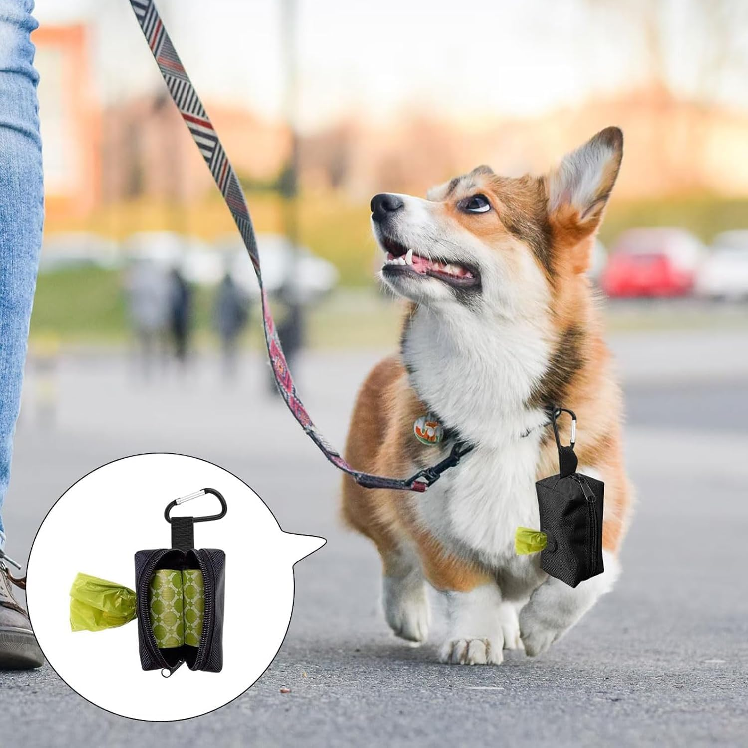 BEANPRECOY 2 PCS Dog Poop Bag Holder for Leash Attachment Waterproof Dispenser with Carabiner & 4 Pet Waste Bags Hands-Free Design for Walking Running Soft Fabric Zipper Fits All Leash